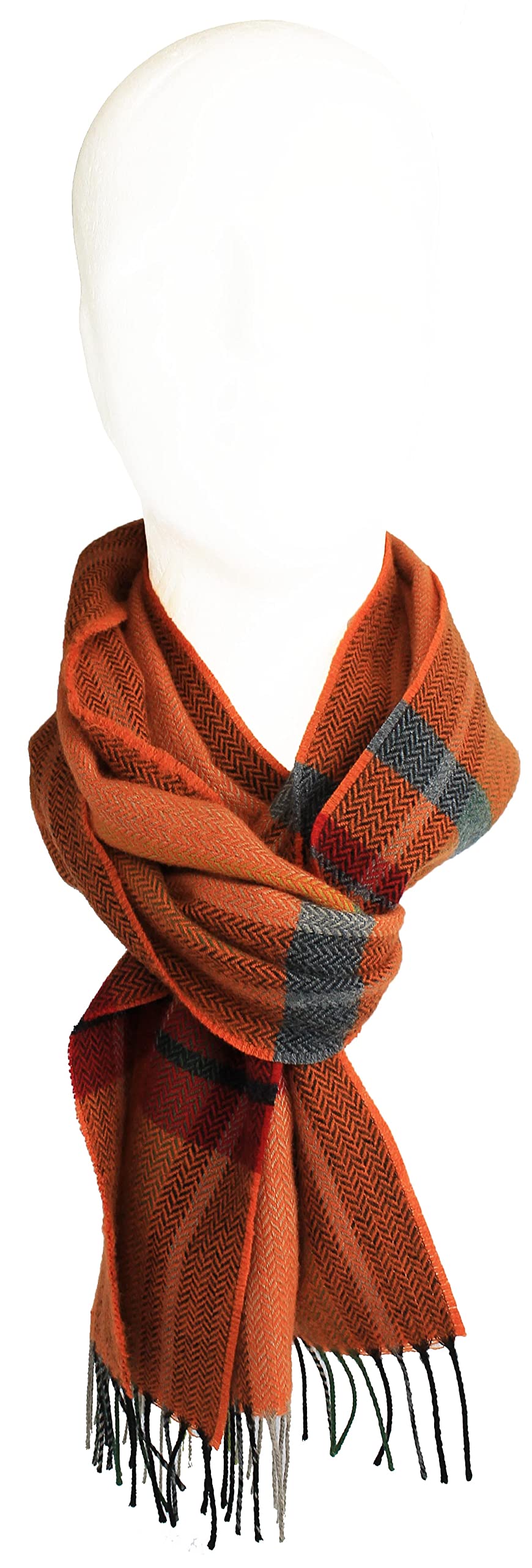 Rotfuchs Écharpe tissée pour homme - Écharpe d'hiver chaude et agréable - Laine à chevrons - Carreaux, Orange, 190 x 31 cm (L x B)