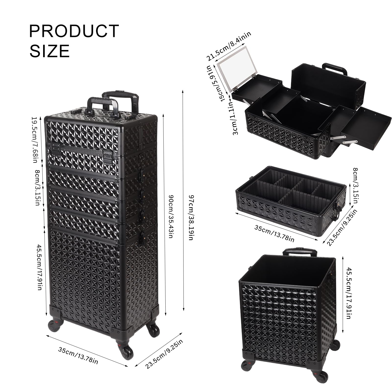 Kosmetikkoffer Trolley 6-in-1 Schminkkoffer mit Spiegel Schloss Großer Kosmetik Reisekoffer Make-up Organizer Schwarz