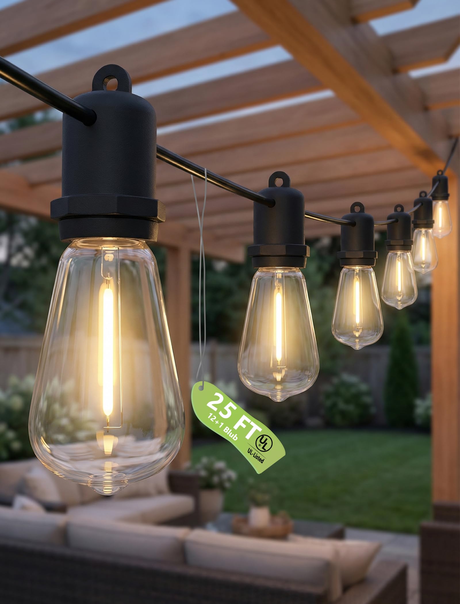 Konictom 25FT LED Outdoor String Lights, 13 Shatterproof ST38 Edison Bulbs, Waterproof Patio Decor for Outside, Dimmable Bistro Cafe Hanging Lights