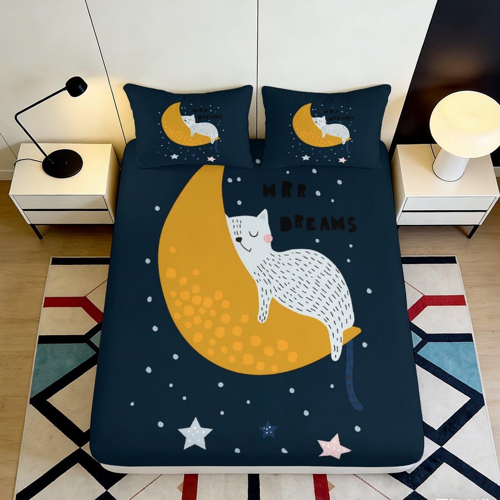 3D Printed Moon Cat Fitted Sheet Microfiber Soft Breathable Star Night Bed Cover for Bedroom Guest Room Decor 90x200x25cm