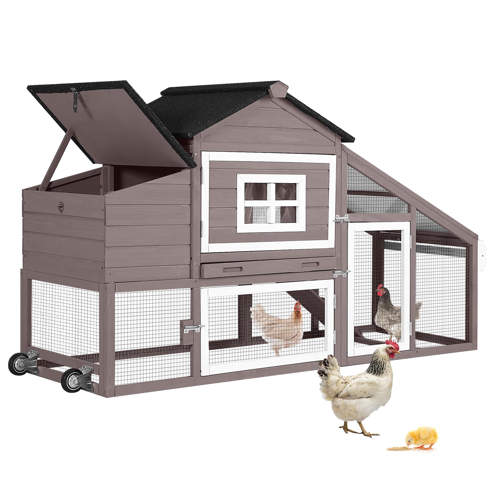 GUTINNEEN Chicken Coop Mobile Hen House Wooden with Run Poultry Cage with Nesting Box,Field Grey