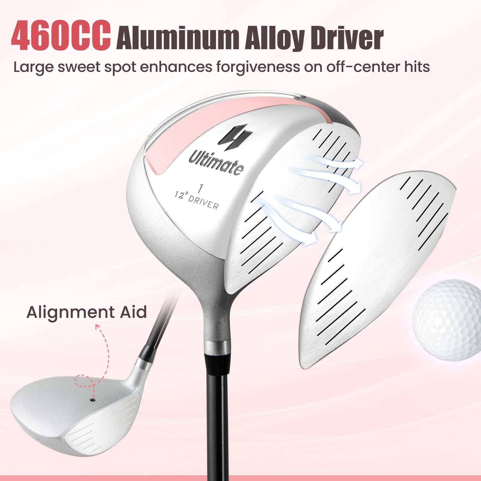 GYMAX Set di Mazze da Golf per Donna con Sacca Portatile, Kit Completo di 10 Pezzi per Donna con Driver 460 cc in Lega, Legno 3 di Fairway, Ibrido 4, Ferro 6 7 8 9 e Putter, Rosa