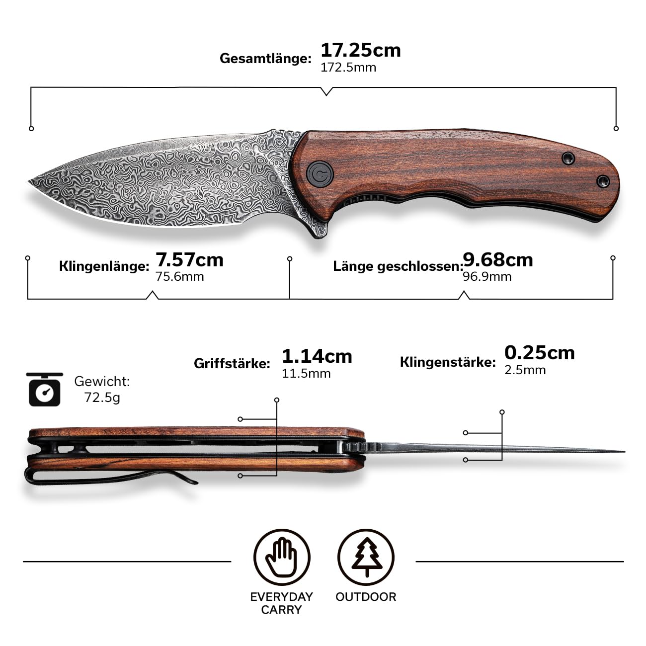 CIVIVI Mini Praxis Klappmesser mit 7,56 cm Damastklinge und Guibourtia-Holzgriff C18026C-DS1