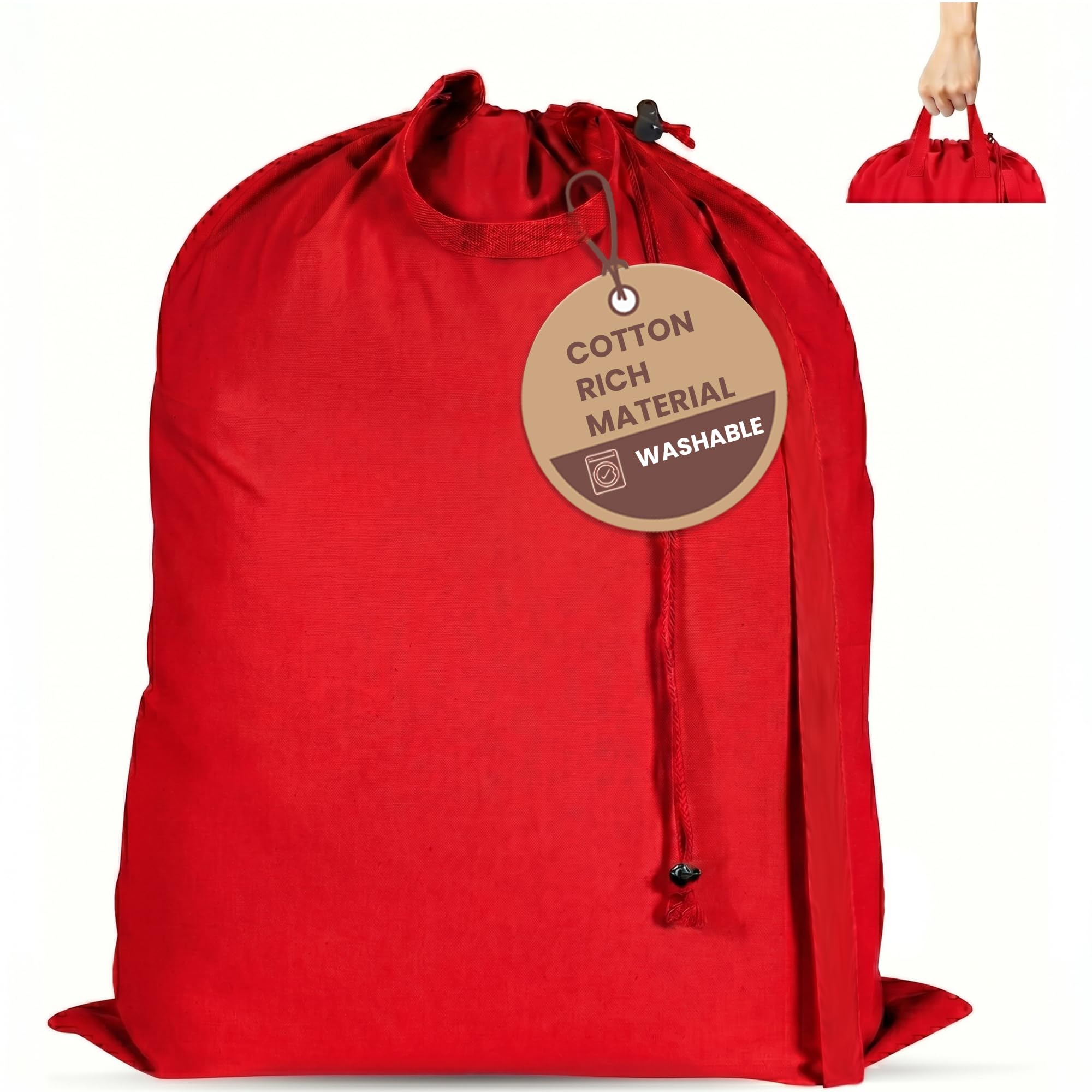 LFH Home Cotton Rich Large Premium Canvas Laundry Bag, Heavy Duty Washable Laundry Hamper with Drawstring &amp; Handles, Multi-Use Clothes Storage for Home, Travel &amp; College, 28"x36" (Pack of 1) - Red