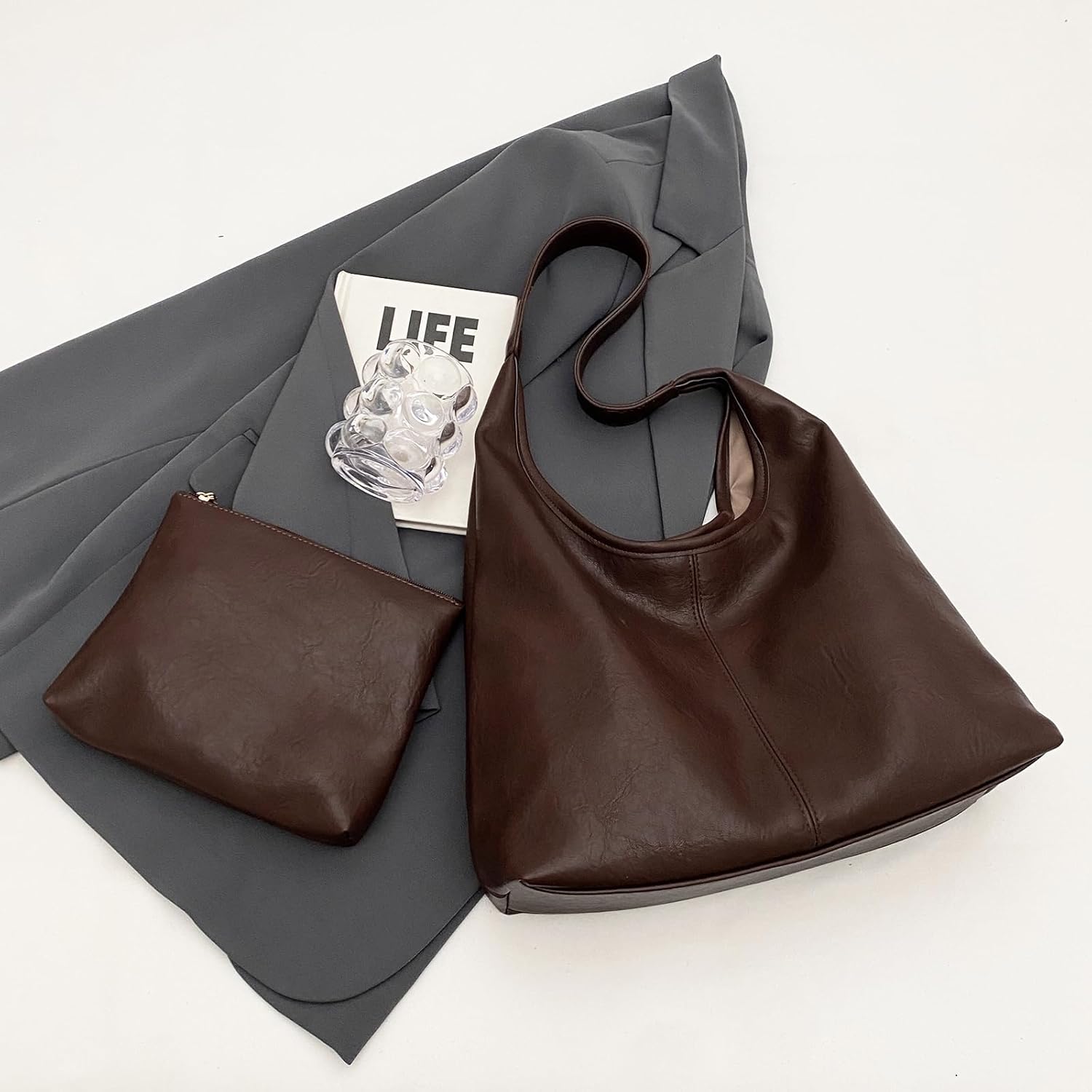 JueiXeoy Leather Hobo Bags for Women Slouchy Tote Bag Retro PU Leather Purse Soft Shoulder Handbags Large Work Tote Bag 2pcs - Image 5