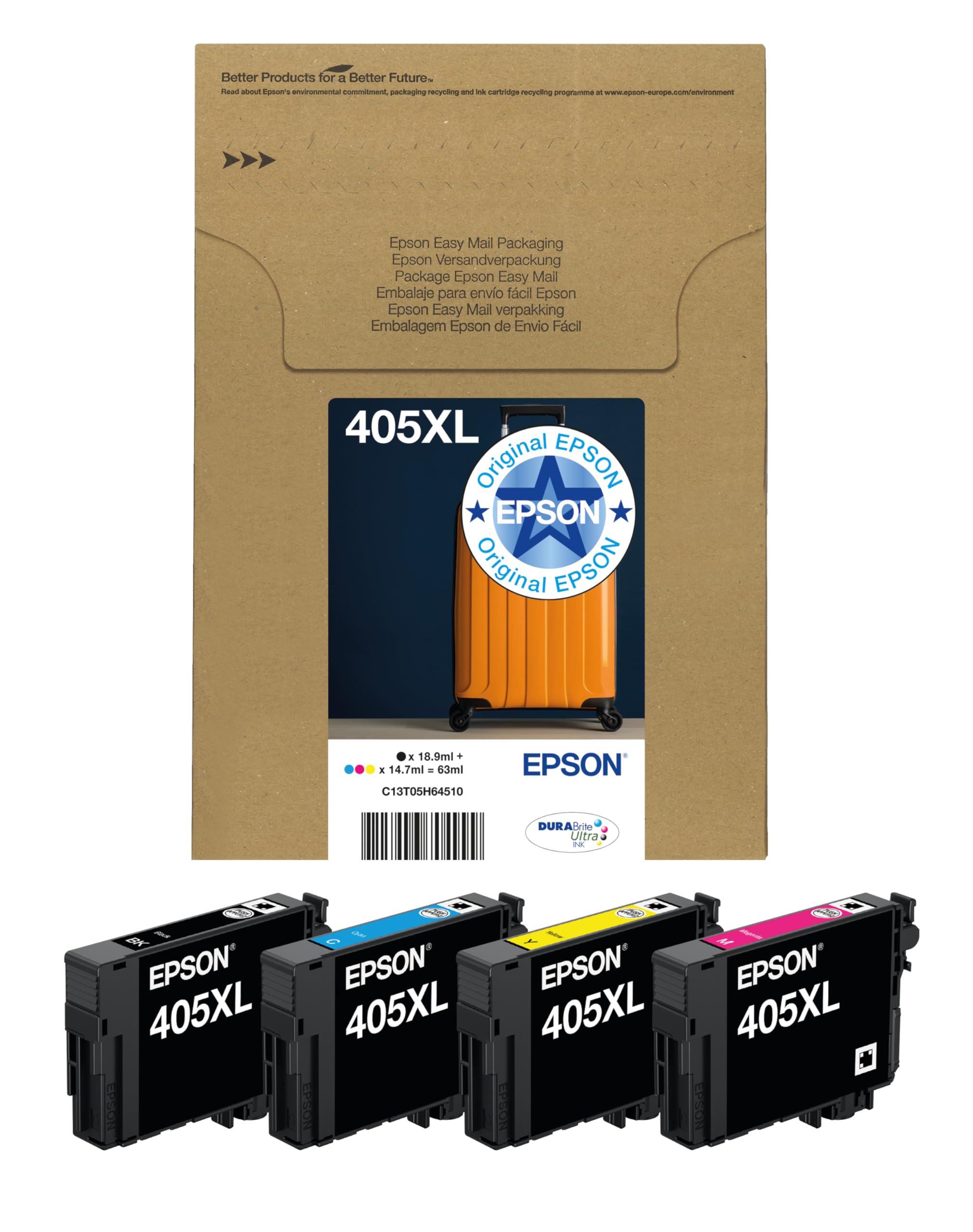 Epson 405XL Suitcase High Yield Genuine Multipack, 4-Colours Ink Cartridges, DURABrite Ultra Ink