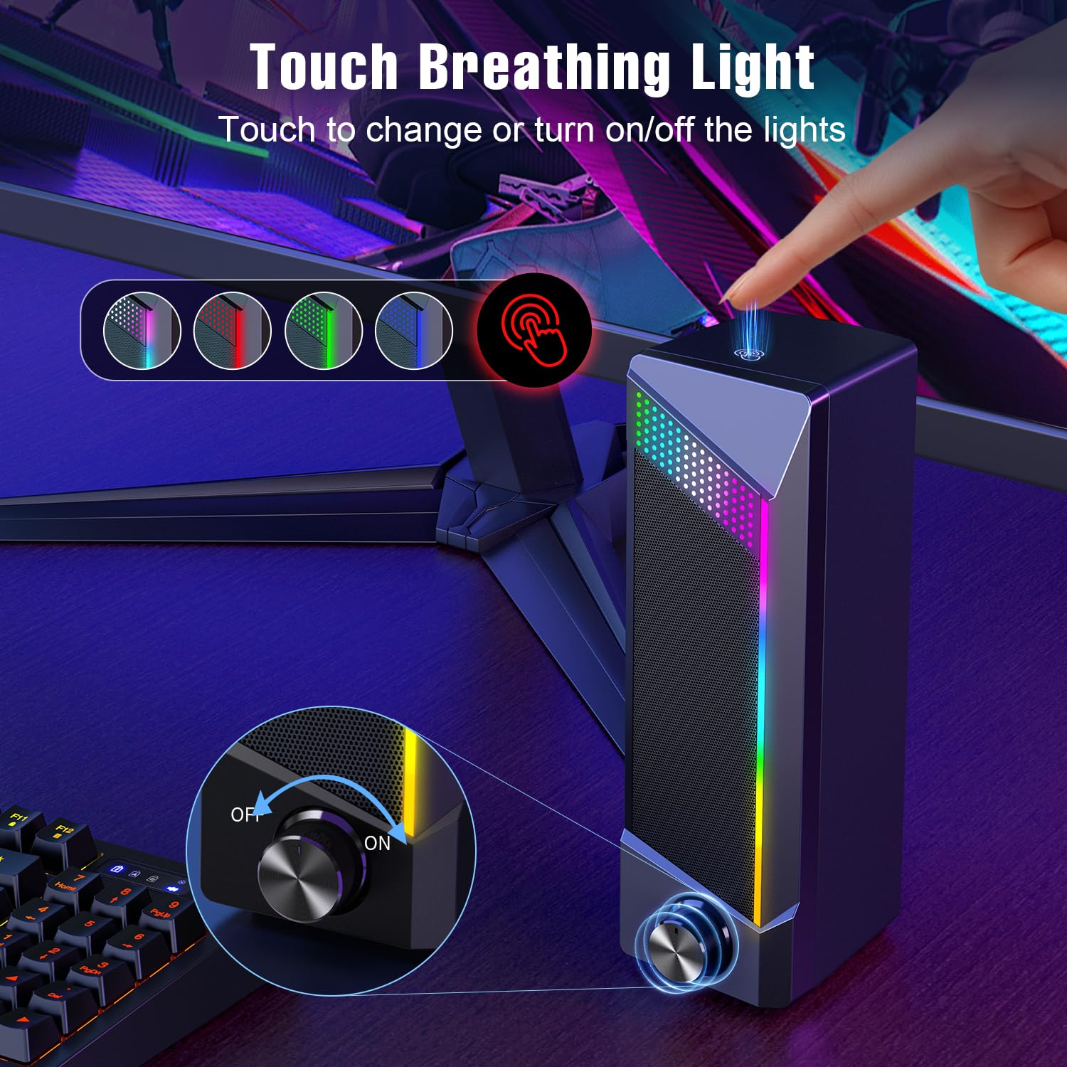 Altavoces de computadora, altavoz de PC 2 en 1, altavoces de juegos para PC, laptop, monitor de escritorio, altavoces RGB con iluminación sensible al tacto, alimentación USB de 0.138 in auxiliar 4