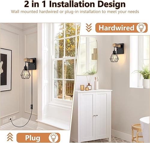 Miniatura 5 de Juego de dos apliques de pared enchufables, lámparas de pared de madera vintage con cable de enchufe, lámpara de pared de granja con cable de