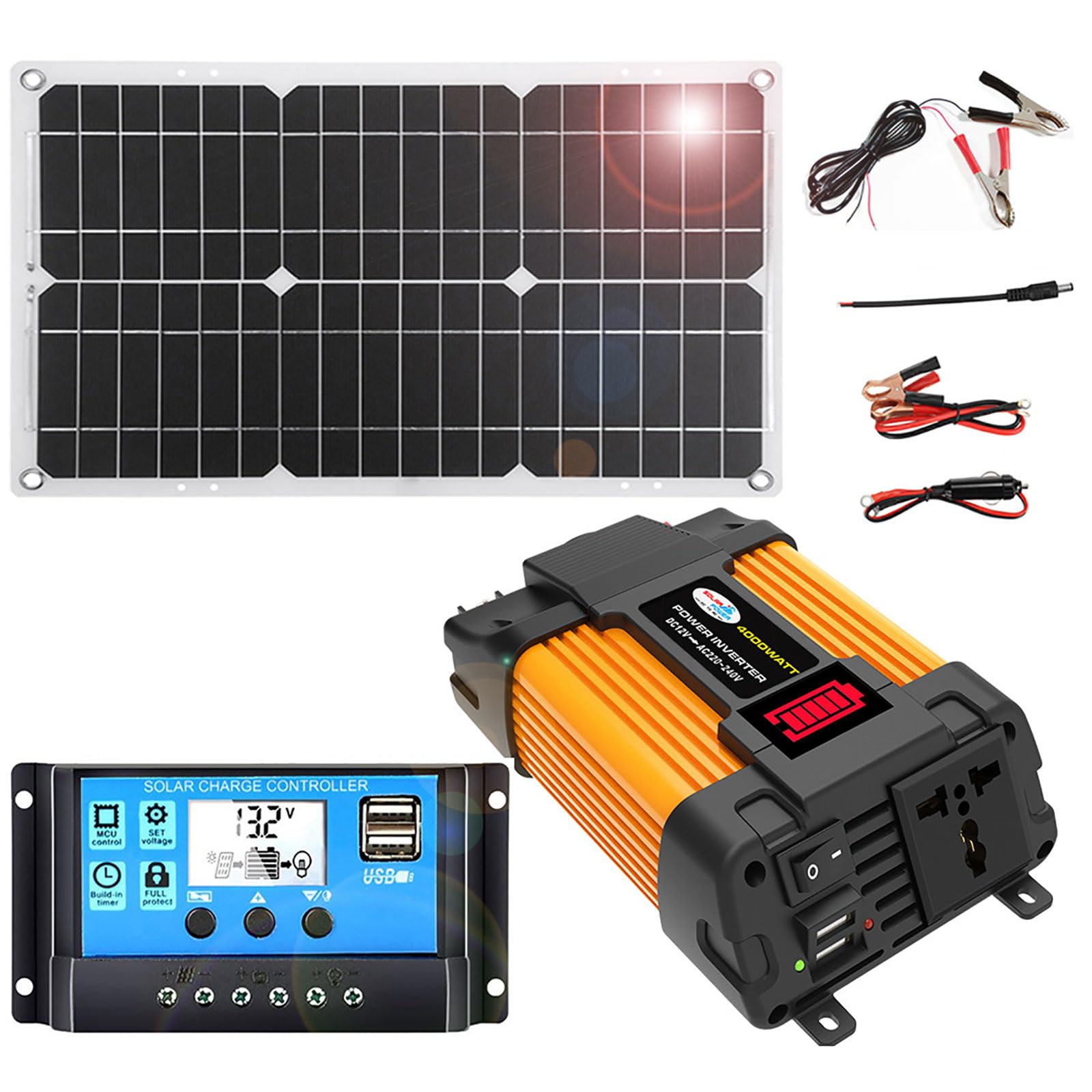 MIIZOO 4000W Off-Grid Solar Power Kit with 18W Monocrystalline Panel, 30A Solar Charge Controller & Dual AC Inverter for RV, Camping, Emergency Backup(110V)