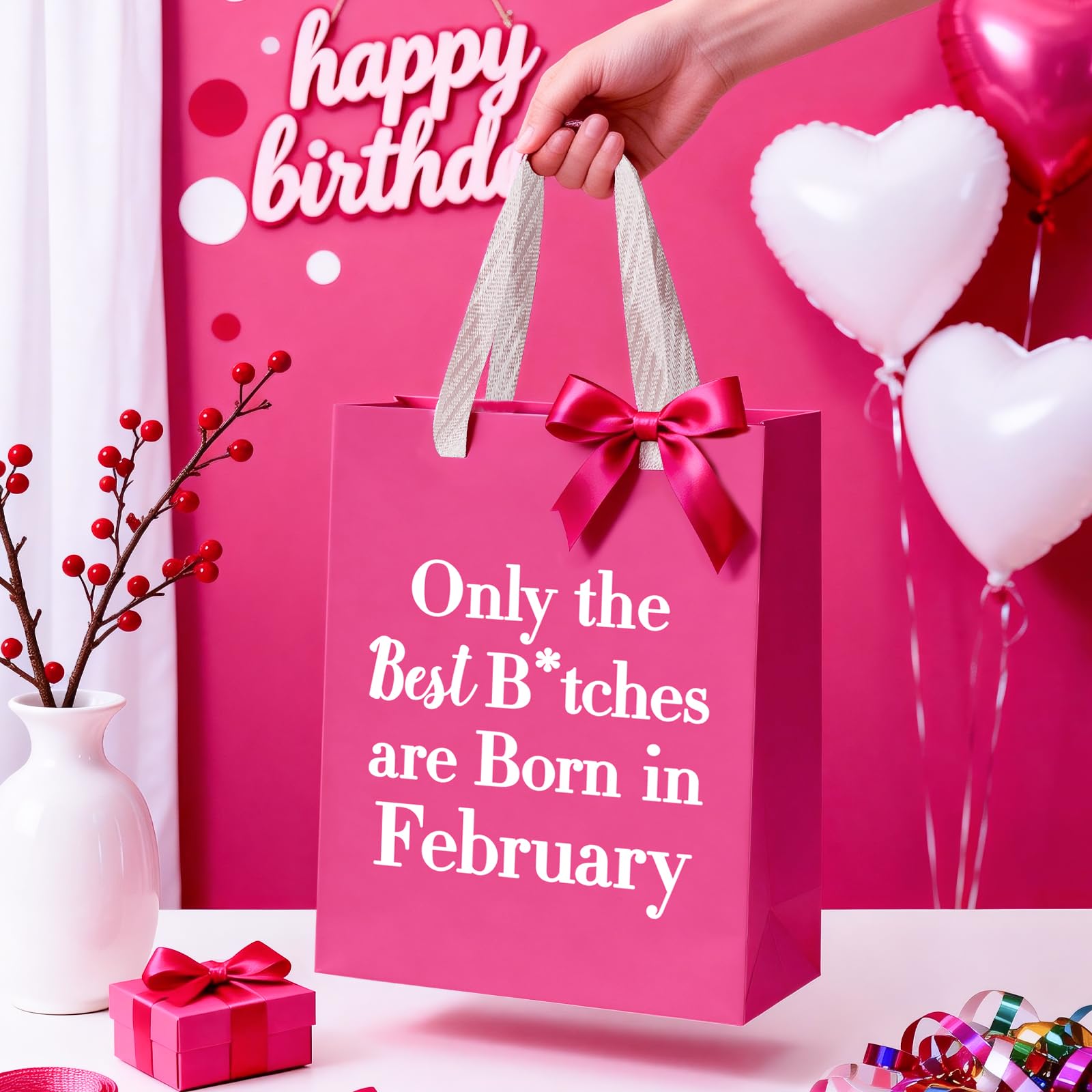 WRAPAHOLIC 13" Large Funny Birthday Month Gift Bag with Tissue Paper - Best Bitches Born in February Humor Bday Gift Bags for Women Best Friends Birthday