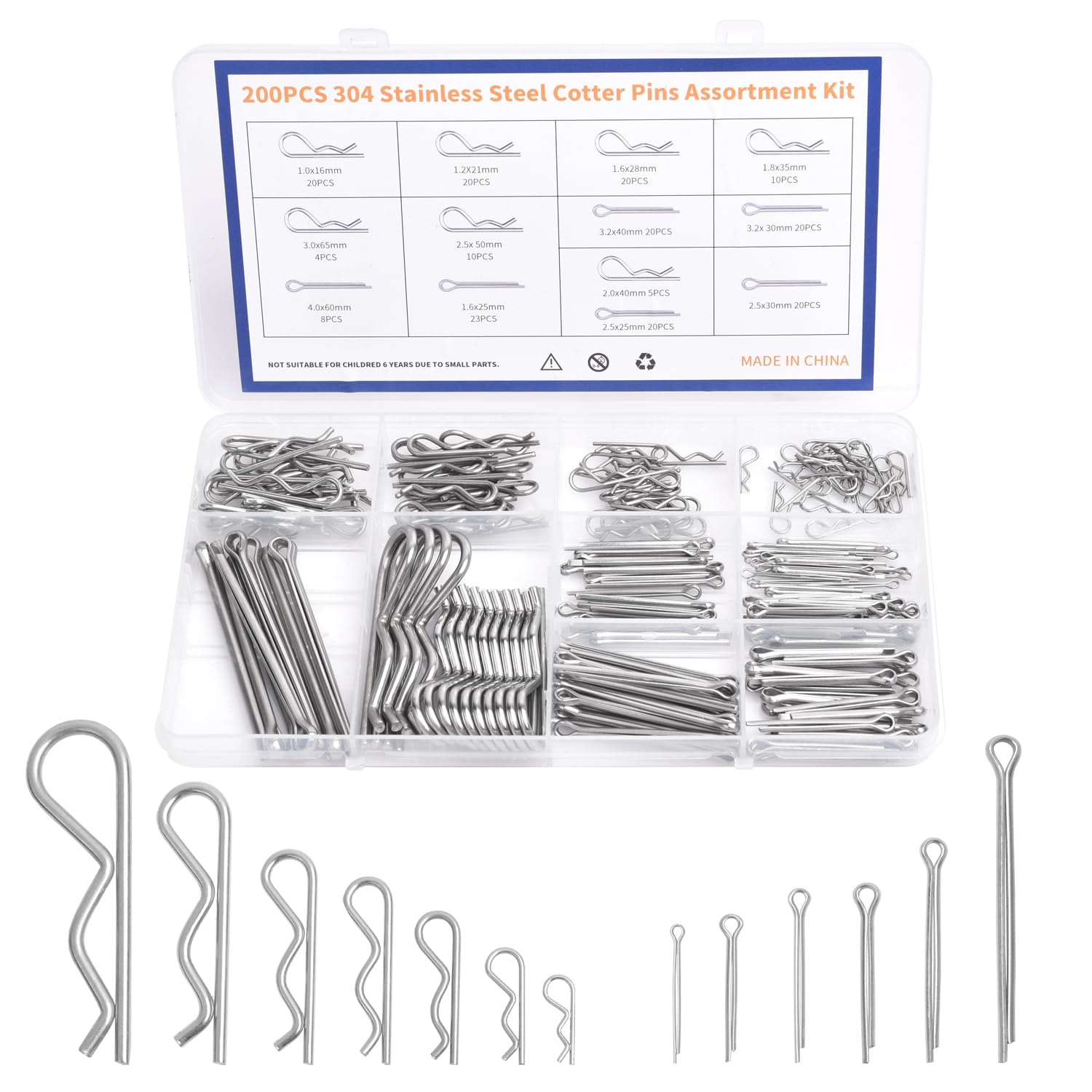 Cotter Pin Assortment Kit - 200 Pcs Hardware Pins Set,304