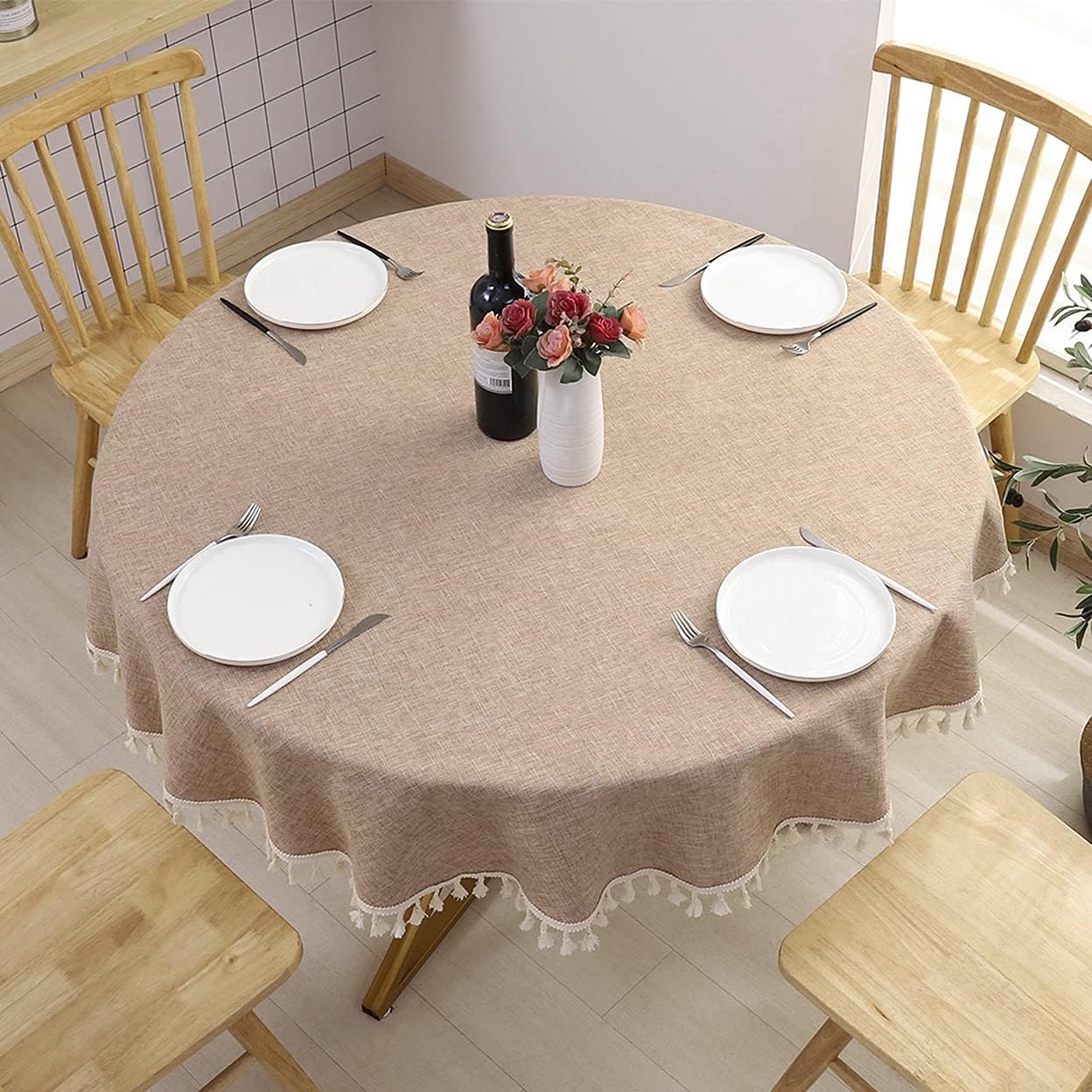 SPRICA Round Tablecloth Cotton Linen Texture Tassel Table Cover for Kitchen Dinner Table, Decorative Solid Colour Table Desk Cover, with Tassel Diameter 150cm, Brown