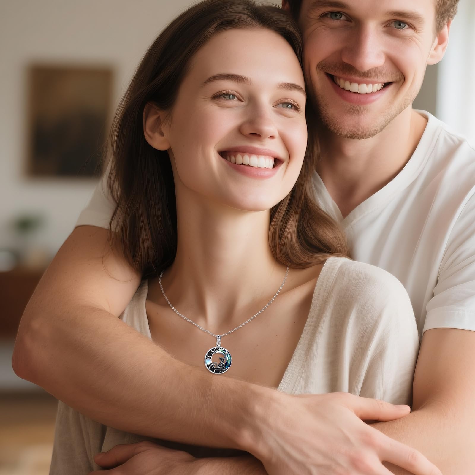 JERWLI Katzen-Halskette mit Mond 925er Sterlingsilber Katzen-Kristall-Halskette Mondstein-Schmuck Weihnachts- und Valentinstagsgeschenke für Frauen