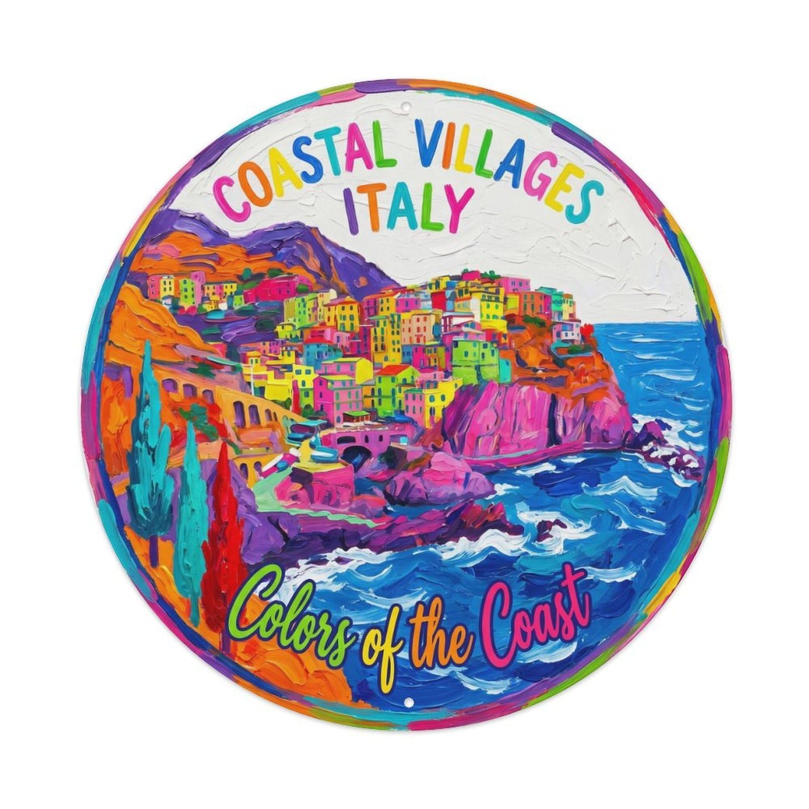 Vintage Travel Coastal Villages Italy Viewpoint Metal Tin Sign Plaque Wall Decor for Cafe, Club, Garden Round Metal Poster 8x8Inch