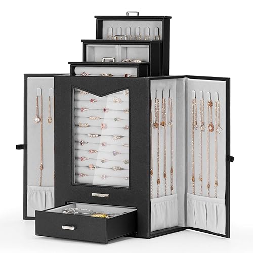 Homde Jewelry Organizer with Transparent Window Necklace Hooks Gift for Women Jewelry Box Display Case for Necklaces Rings Earrings Bracelets and Other Accessories (Black) - Black