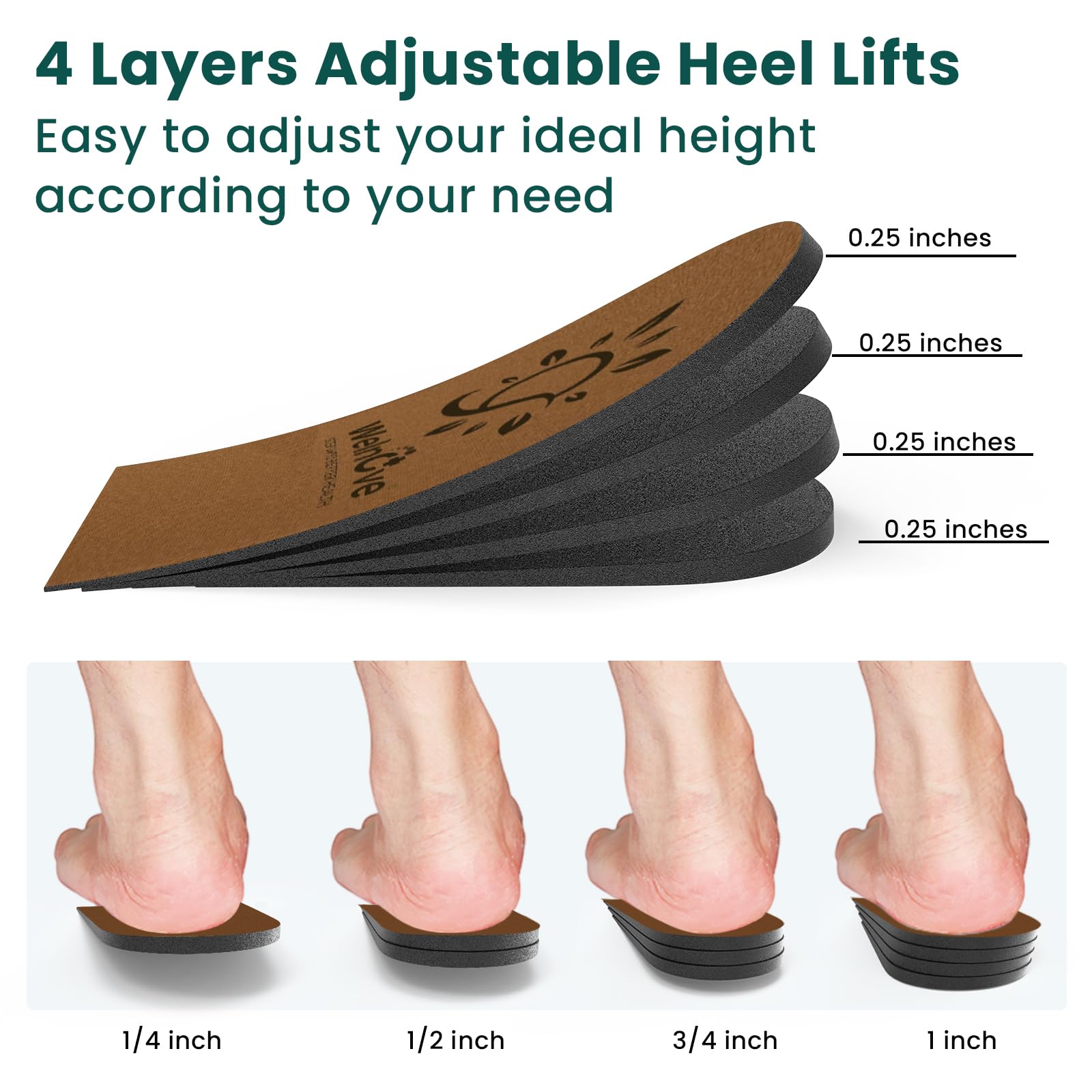 Welnove Orthopädische Ferse Lift für Schuhe -(1-Paar) 4 Lagen Verstellbare Schuhheber für ungleiche Beine Beinlänge Diskrepanz, Fersenschmerzen, Plantarfasziitis - Klein,Braun