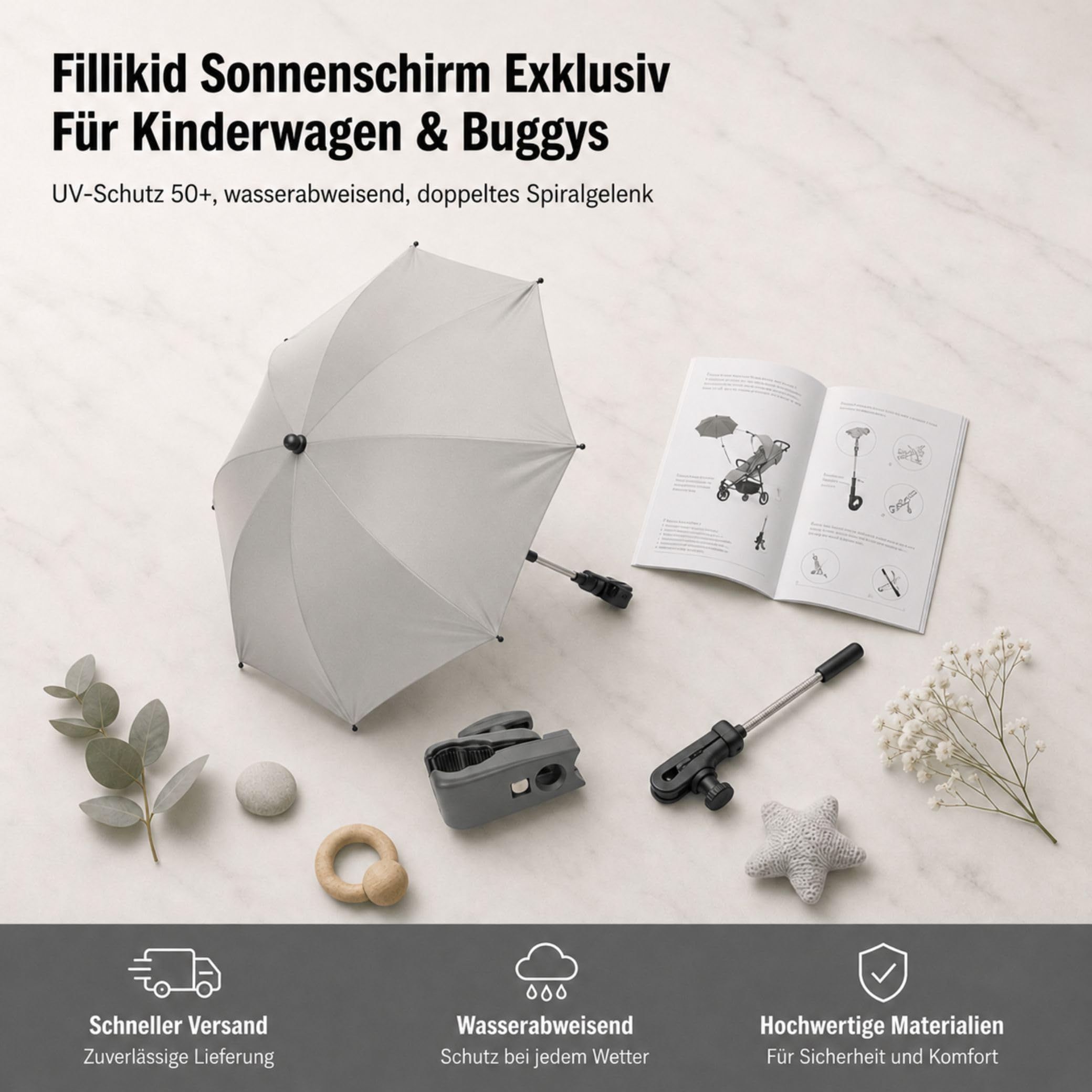 Fillikid Sonnenschirm Kinderwagen Exclusiv | UV-Schutz 50+ | Sonnenschutz Kinderwagen | Universalhalterung für Rund- und Ovalrohre, einstellbar | Leicht zu Reinigen | Kinderwagen Sonnenschirm