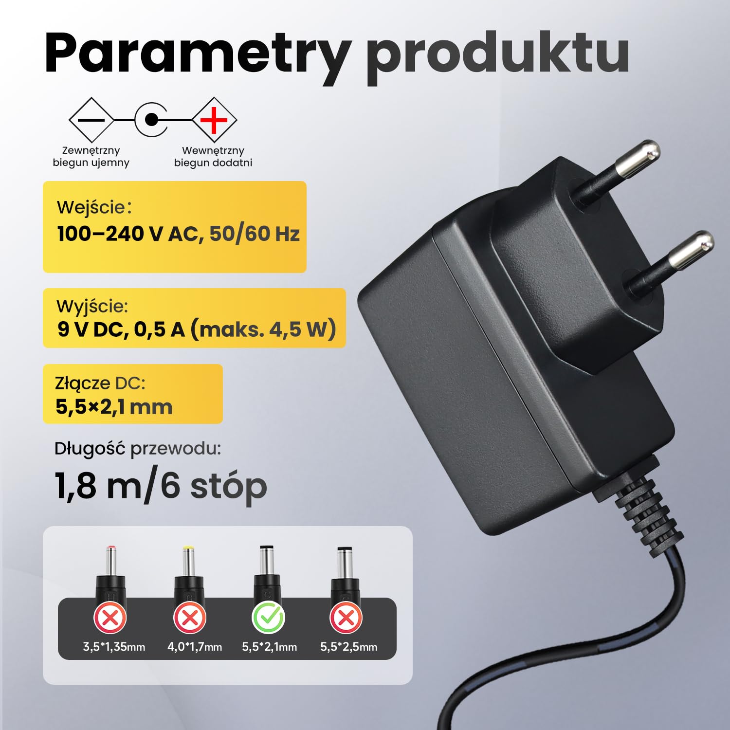 Adapter zasilacza 9 V 0,5 A 4,5 W 1,8 m, adapter przełączający AC-DC (wejście 100 – 240 V, wyjście 9 V 0,5 A), DC 9 V 5,5 x 2,1 mm, wtyczka transformatorowa do montażu na ścianie