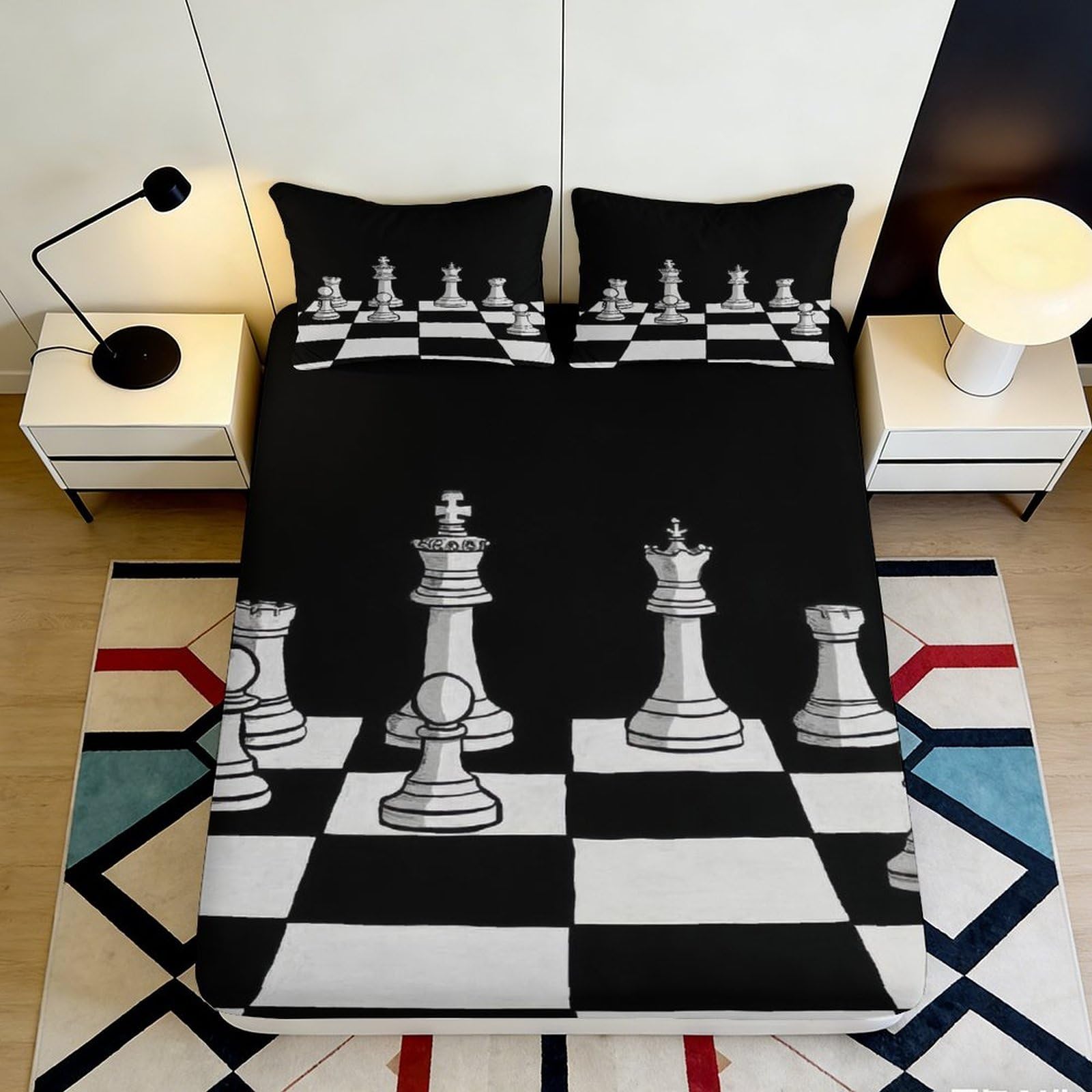 3D Printed Chess Board Fitted Sheet Microfiber Soft Black White Chess Pieces Bed Cover for Bedroom Guest Room 90x200x25cm