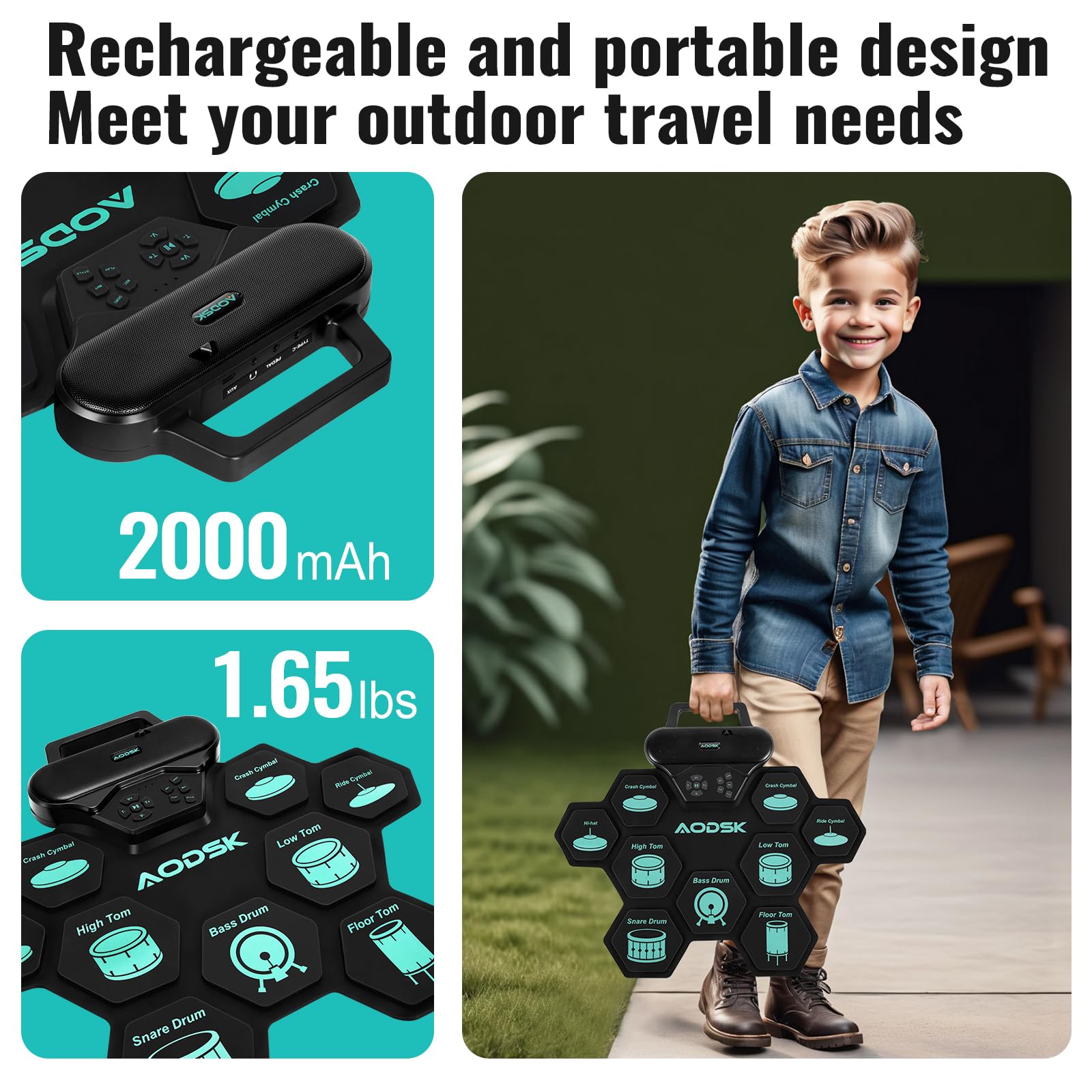 AODSK Set batteria elettronica, 9 pad per esercitarsi con jack per cuffie, macchina arrotolabile con altoparlante integrato, pedali, bacchette, ottimo regalo per Natale, compleanno