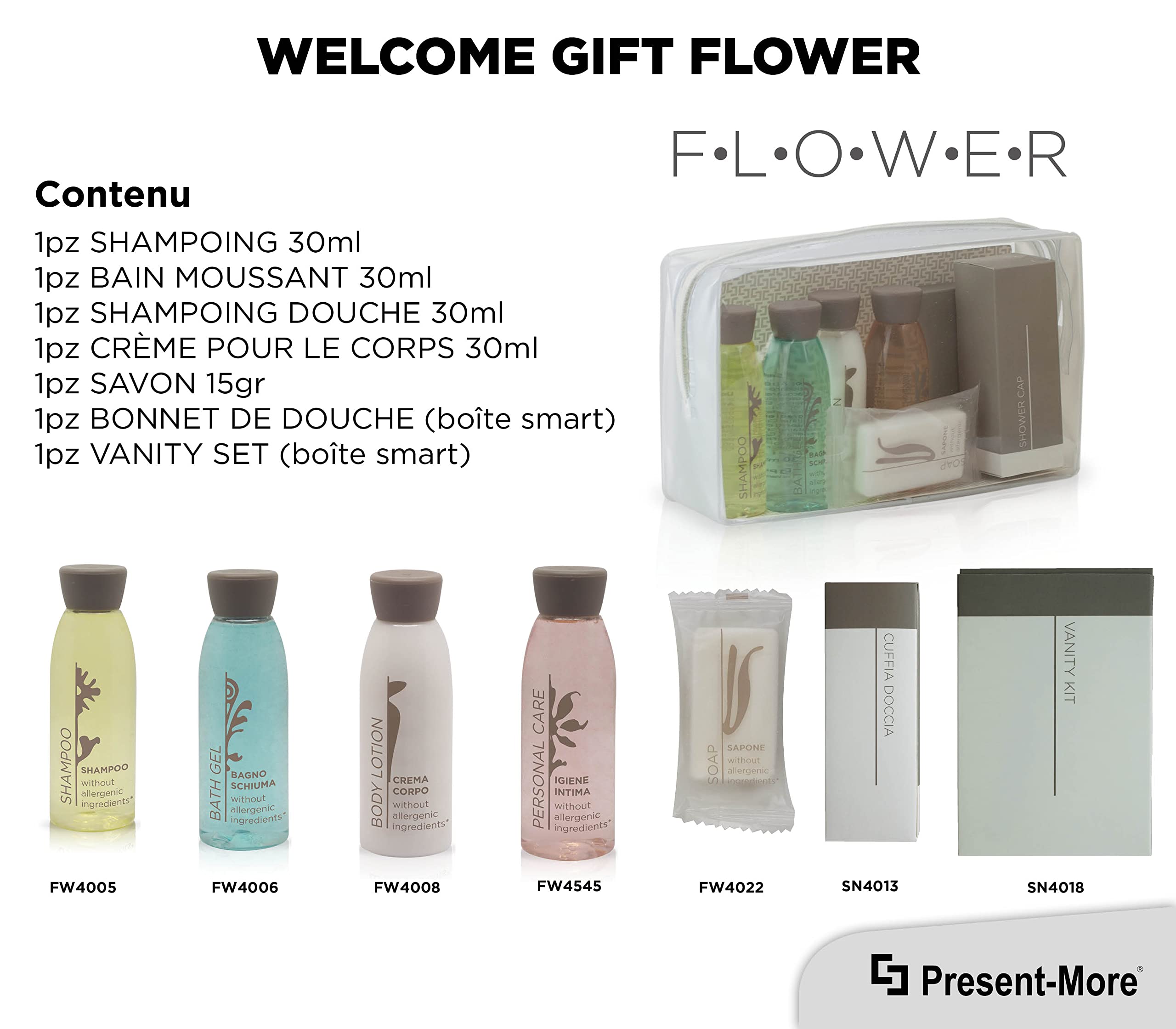 PRESENT-MORE - Kit Accueil 24 Invités Flower - Parfum Thé Vert - Contenu: Shampooing, Gel Douche, Crème, Gel Intime, Savon et Accessoires - Pour Hôtels et B&B