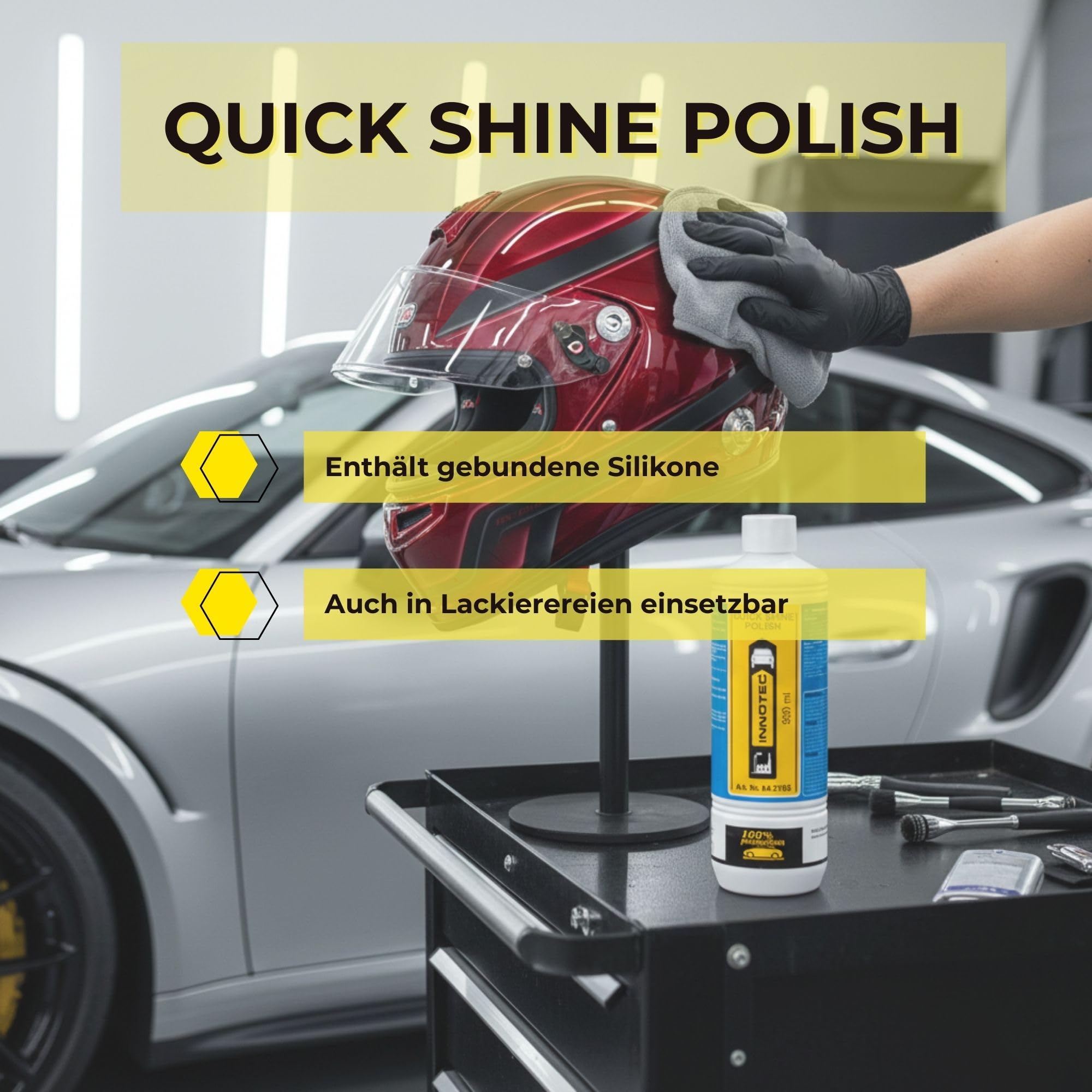 4 Stück INNOTEC Quick Shine Polish 500 ml – Hochglanz-Lackpolitur & Schutz für neuwertige Kfz-Lacke, auch dunkelblau/schwarz – langanhaltender Umweltschutz für Lack, Glas & Kunststoff – Profi-Polish