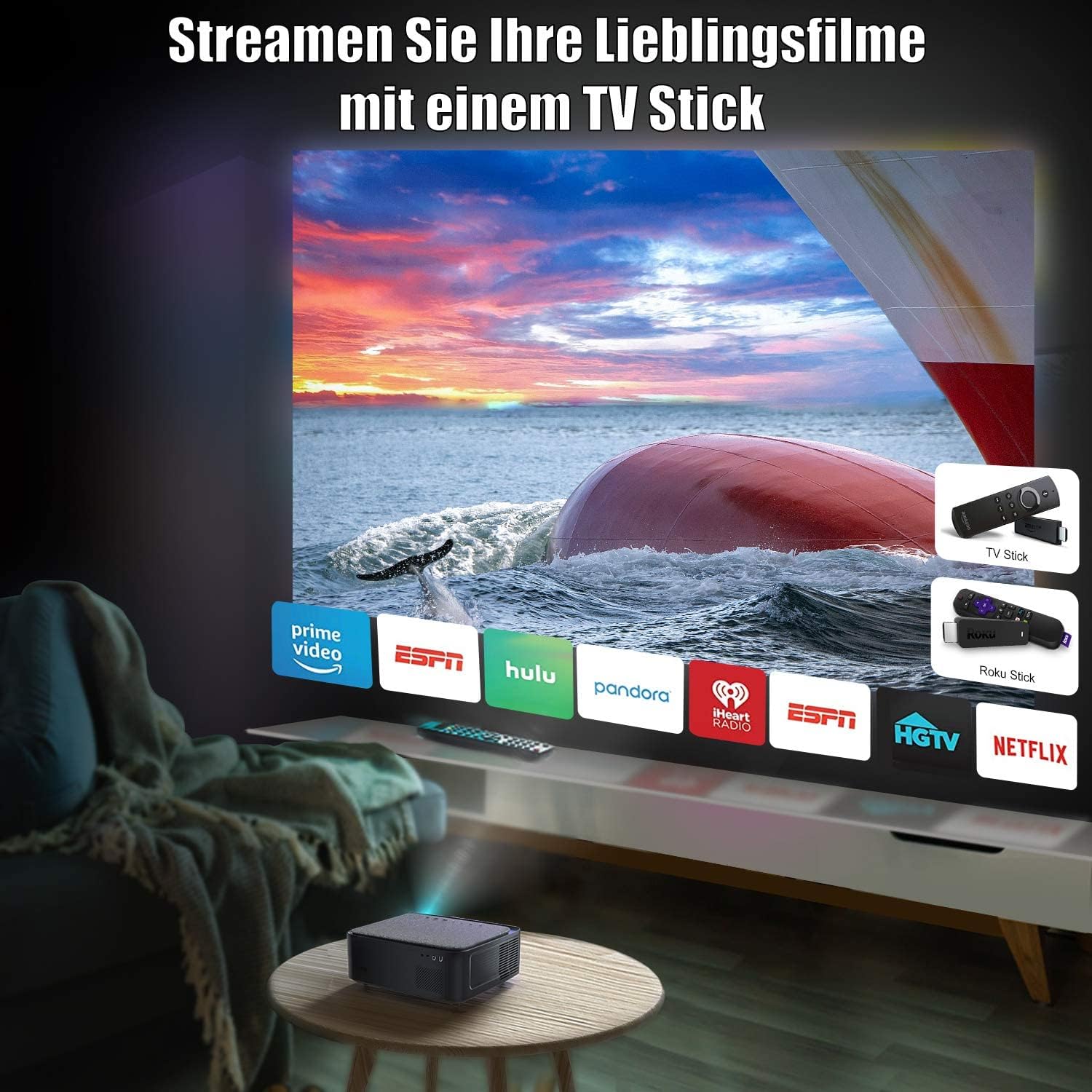 Beamer, Full HD 1080P 1200 ANSI Lumen 5G WiFi Bluetooth Beamer Heimkino 4K Unterstützung, LED Video Outdoor 300 '' Display, kompatibel mit Fire Stick,Smartphone,PS5 Projektor