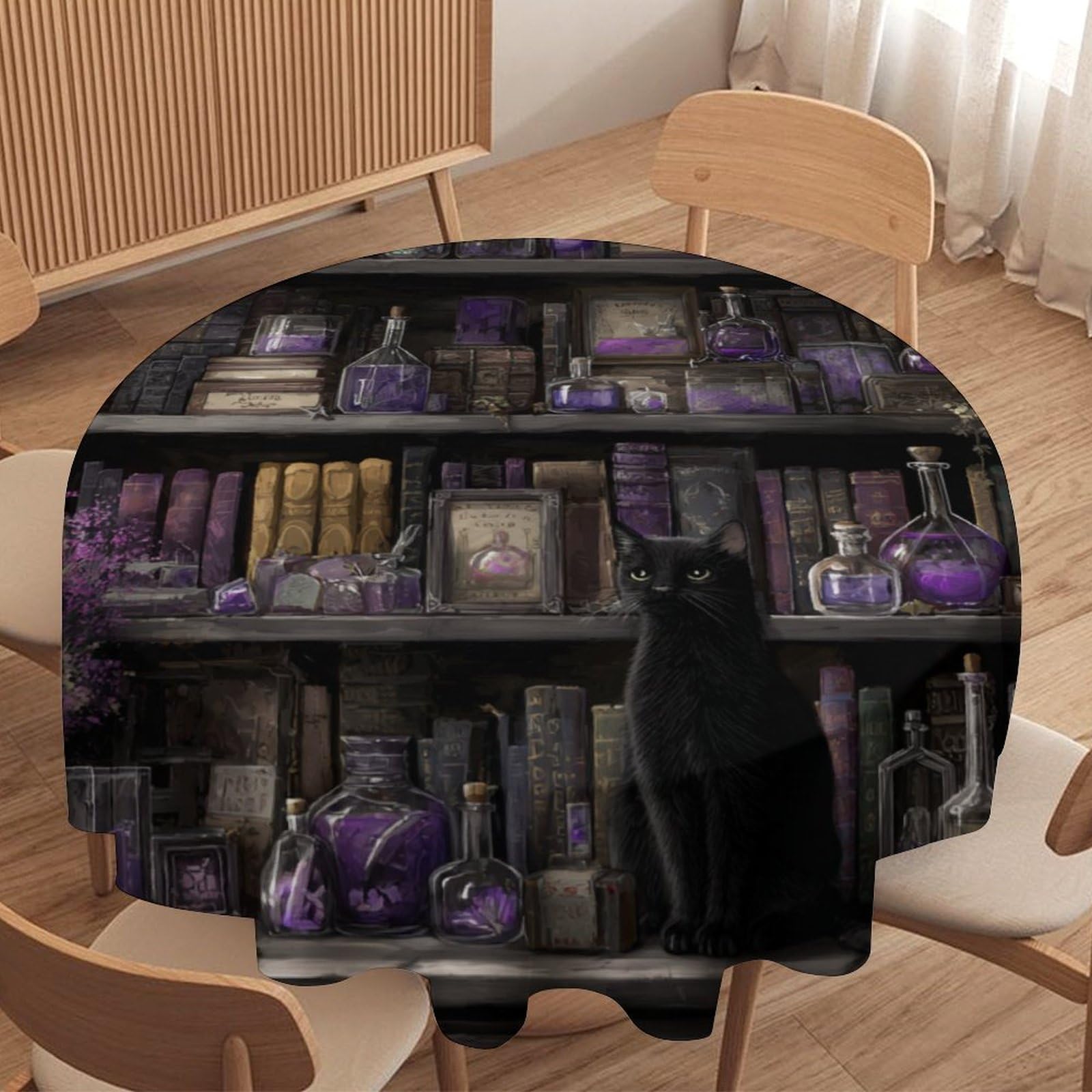 LUYYSKY Beautiful Realistic Black Cat Waterproof Round Tablecloth Watercolor Animal Cat Kitten Gothic Bookshelf Lavender Flowers Print Washable Table Cover for Kitchen-177.8" Wx177.8 L cm