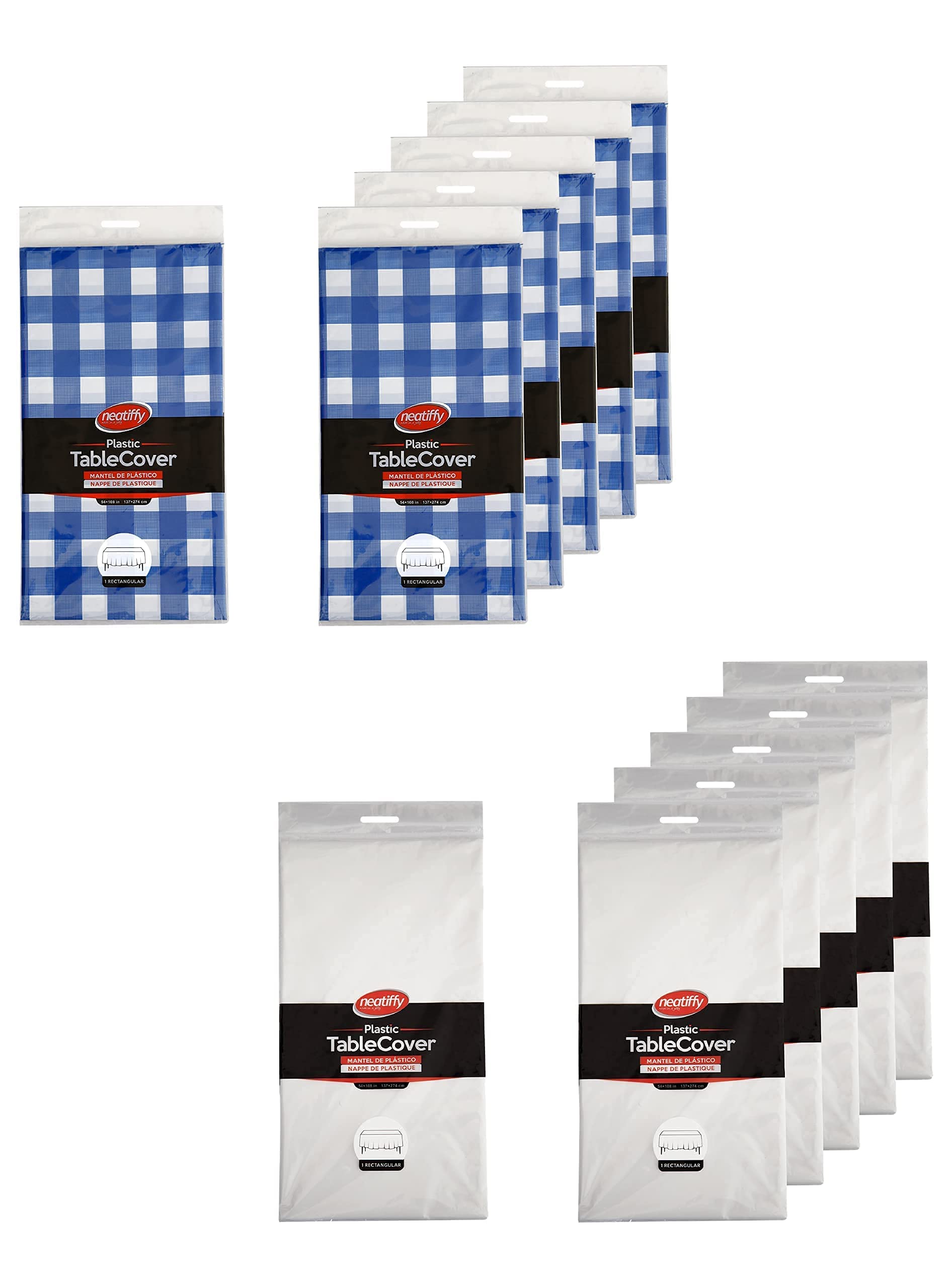 Neatiffy 54 x 108 Inch 6 Pack Rectangle Plastic Table Cloth Picnic/Party/Banquet Table Cover. Disposable/Reusable Tablecloths, Blue Checkered & White