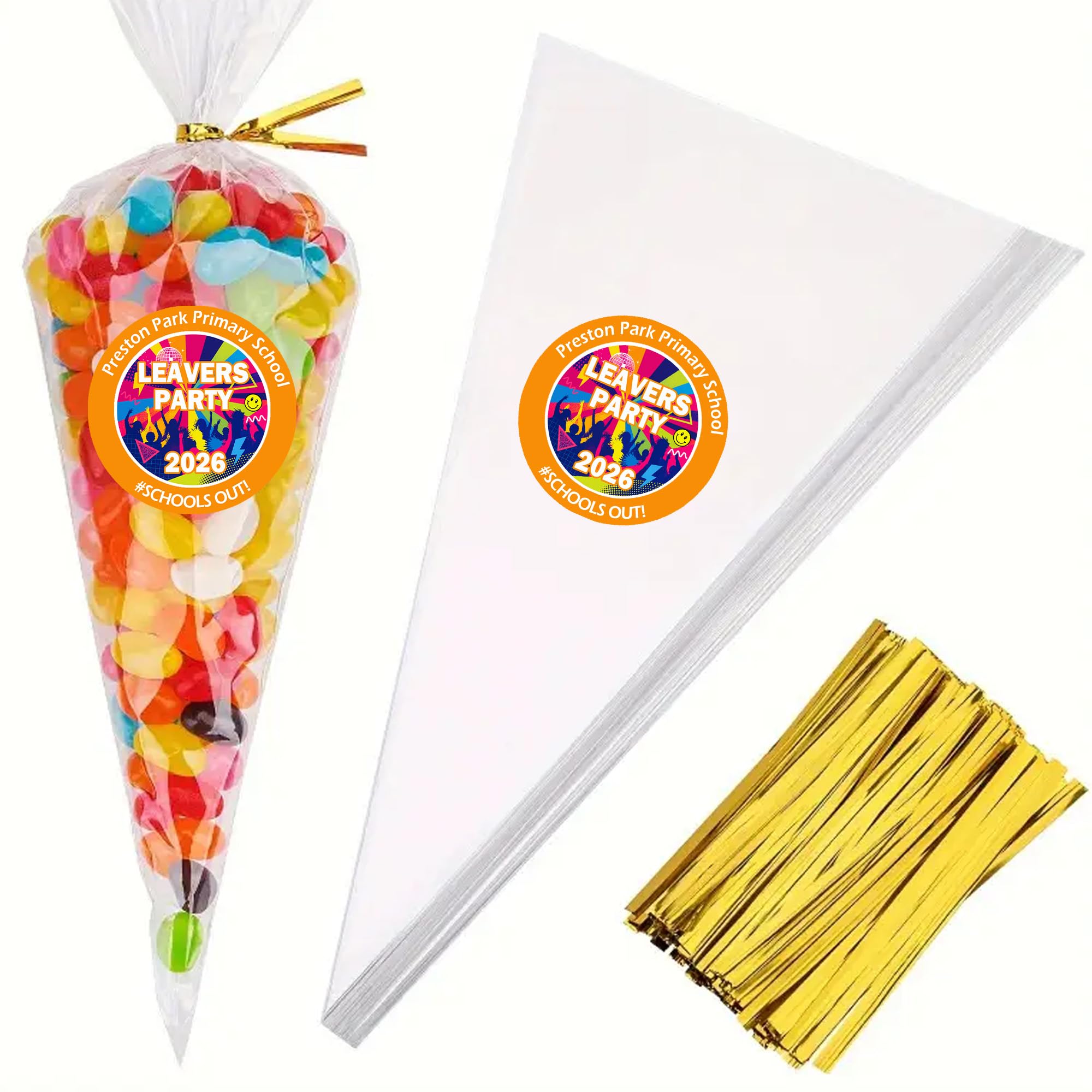 Personalised Class of 26 Leavers Party Stickers – Round Labels for Party Bags, Keepsakes, or Celebration Favours – Memorable Graduation Send-Off - 35 Stickers & 35 Unfilled Cones - Orange