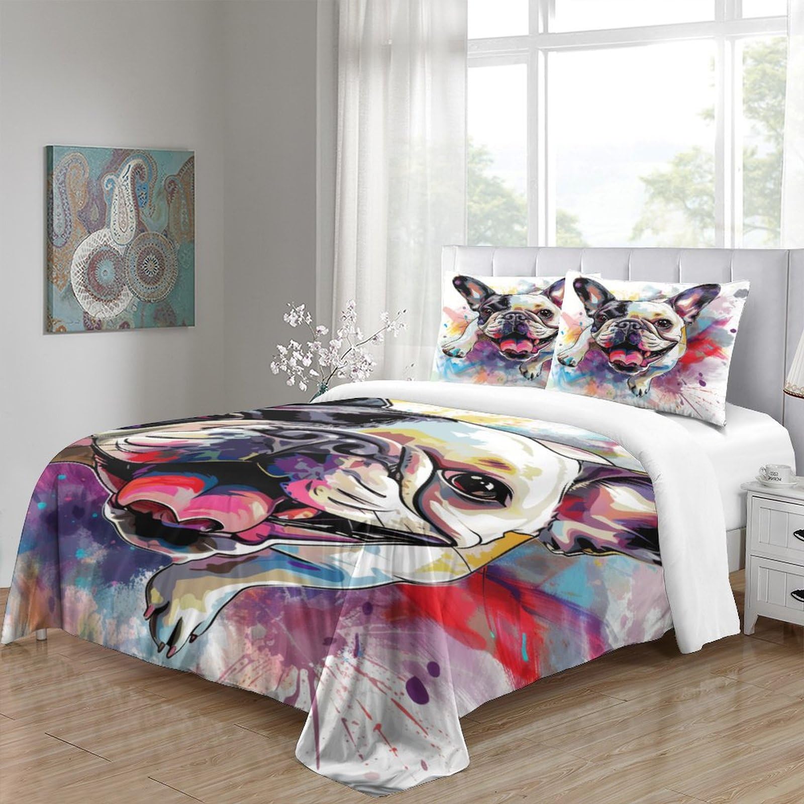 Stampato in 3D Bulldog francese Copertina Stampata Microfibra Disegnata Biancheria Da Letto Stile Morbido Con 2 Federe,Double（200x200cm）, Per Ragazzi Adulti