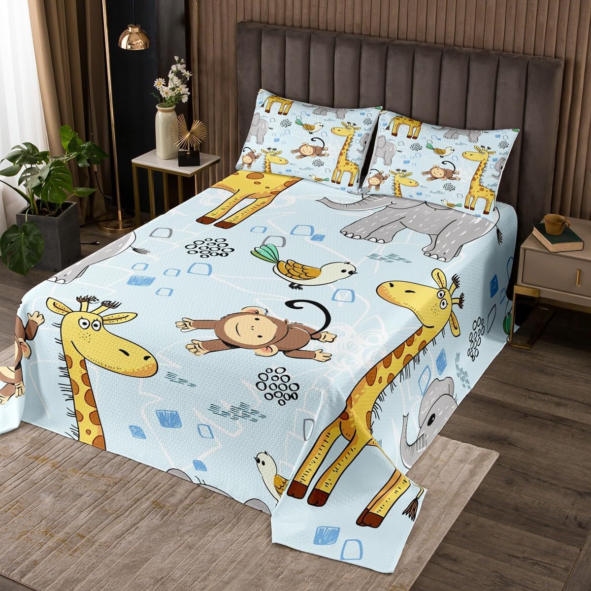 3 Piece Animal Quilt Bedding Set Women Aldult Lightweight Bedding Giraffe Monkey Bedspread Set Elephants Birds Bedspread Coverlet Soft Microfiber Home Quilt Set for King Bed All Season