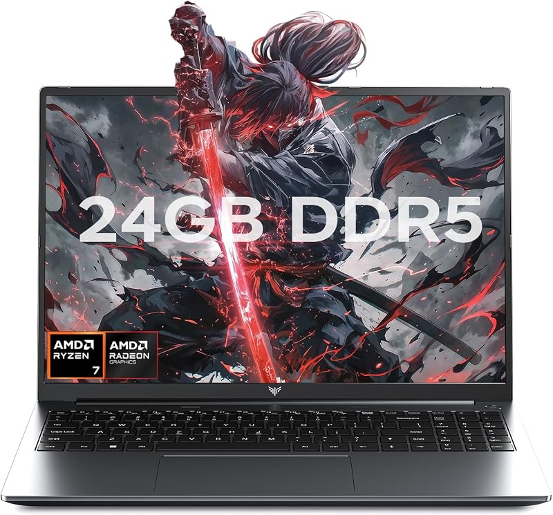 Computadora portátil para juegos KAIGERR 2026, computadora portátil SSD NVMe de 24 GB DDR5 512 GB con AMD Ryzen 7 H255 (8C/16T, hasta 4,9 GHz), computadora portátil con Windows 11 de 16,0 pulgadas, gráficos Radeon RX Vega 8, WiFi 6, KB retroiluminado