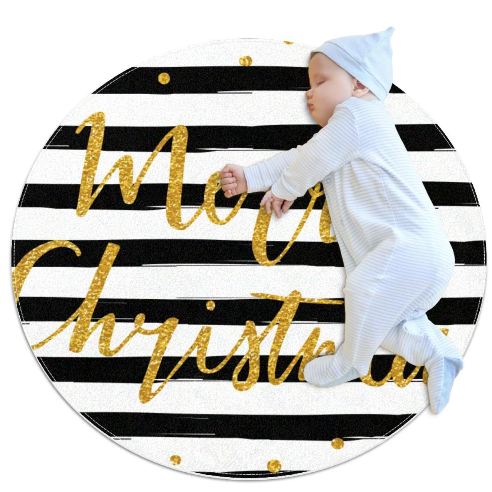 Tapis rond noir et blanc à rayures 1m Merry Christmas paillettes