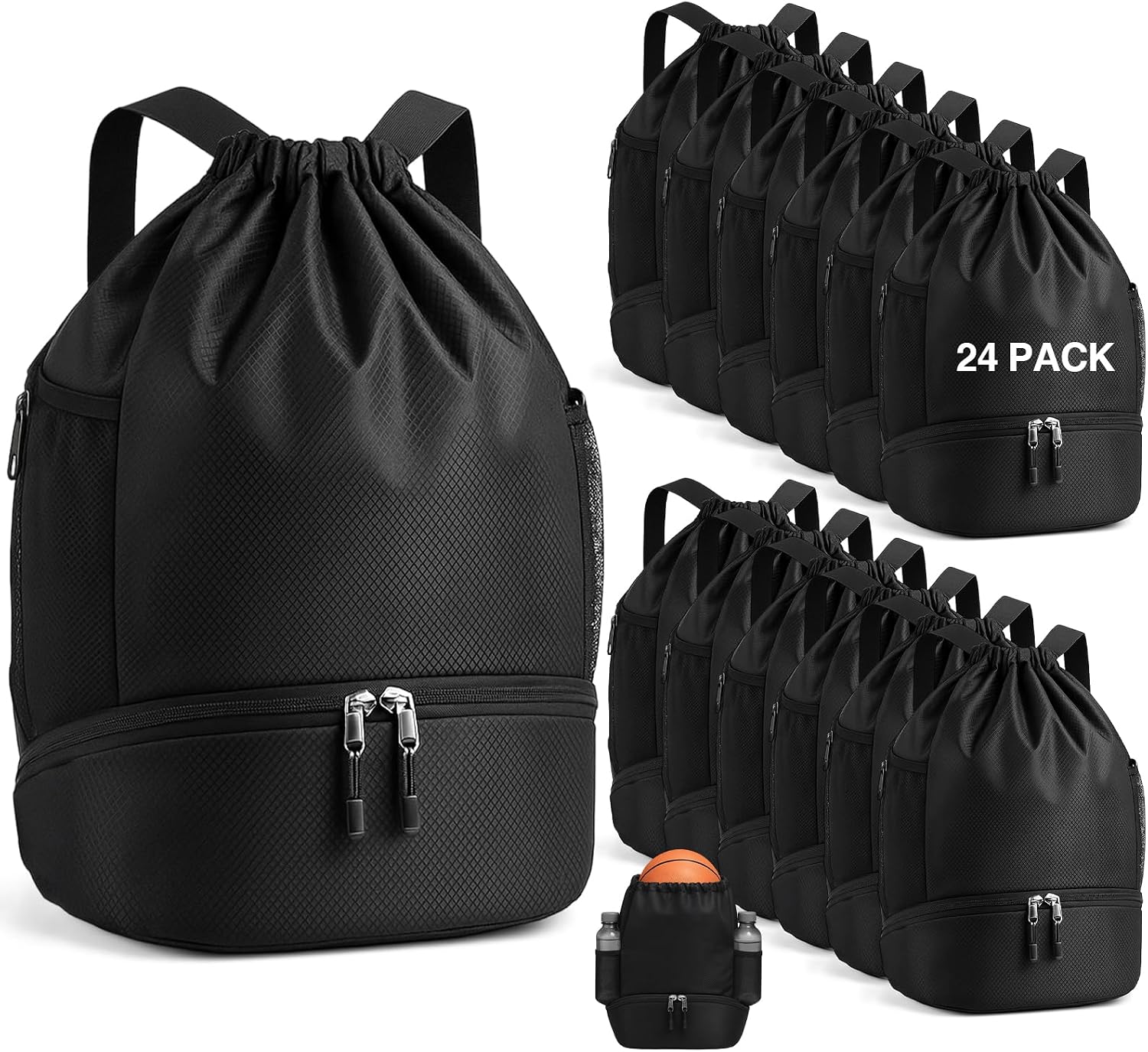 24 Pcs Gym Drawstring Backpack Bulk for Men Black