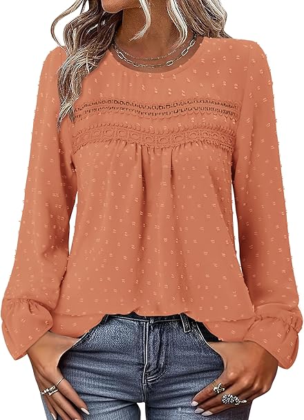 BETTE BOUTIK Womens Boho Fall Long Sleeve Shirts Crewneck Dressy Casual Blouses Trendy Flowy Tops