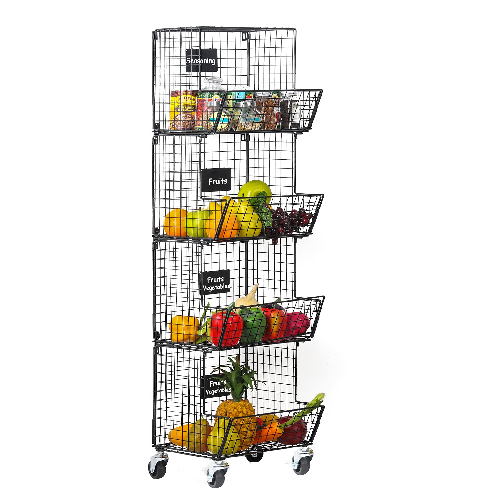 Nandae Metal Wire Basket with Wheels & Removable Chalkboards, 4 Tier Wall Mounted Storage Basket Organizer, Stackable Hanging Fruit Basket Utility Cart for Kitchen, Pantry, Vegetables, Potato & Onion