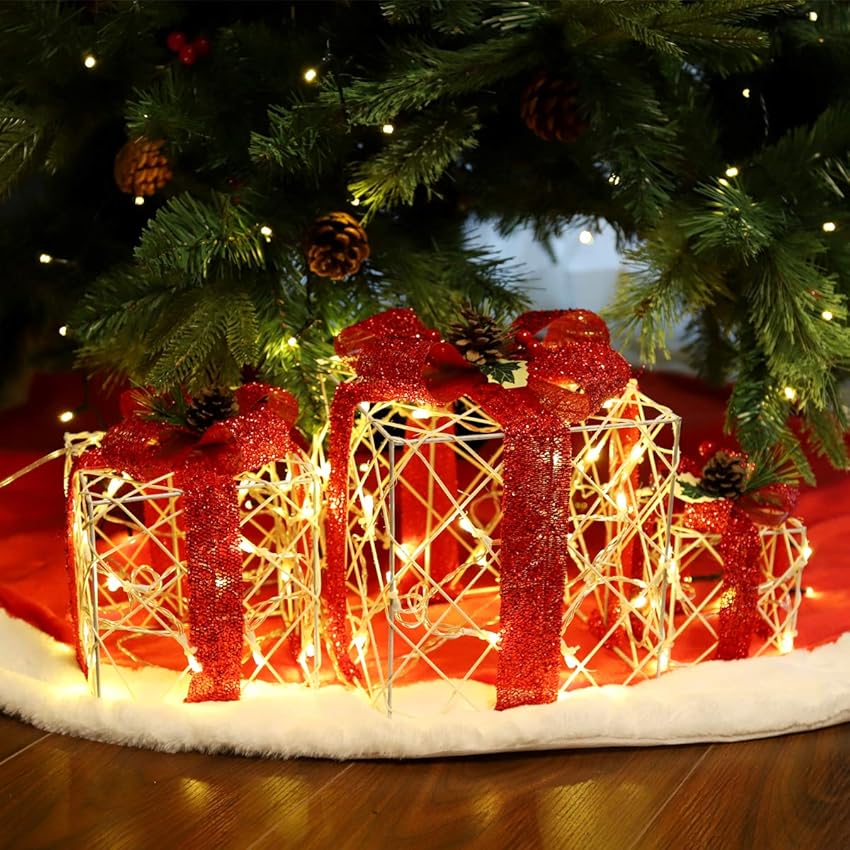 SALCAR Confezione regalo con decorazione LED da 3 pezzi, 20/14/10 cm Scatole luminose 8 modalità, Decorazione natalizia - Bianco caldo