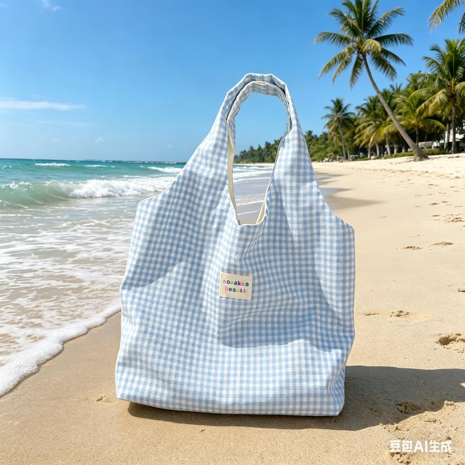 Gingham Canvas Tote Bag for Women, Reusable Checkered Shoulder Bag, Large Aesthetic Tote Lightweight Cotton Handbag image 4