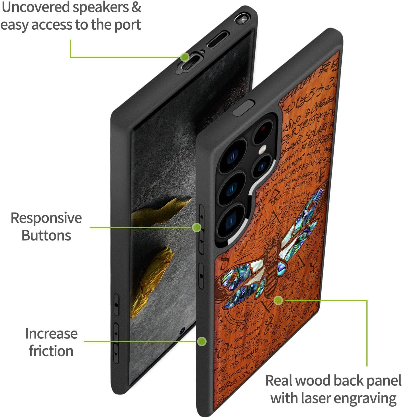 Carveit Designer Wooden Case for Samsung Galaxy S24 Ultra Case [Wood Engraving & Shell Inlay] Compatible with Wireless Chargers S24 Ultra (Death's Head Moth-Rosy)