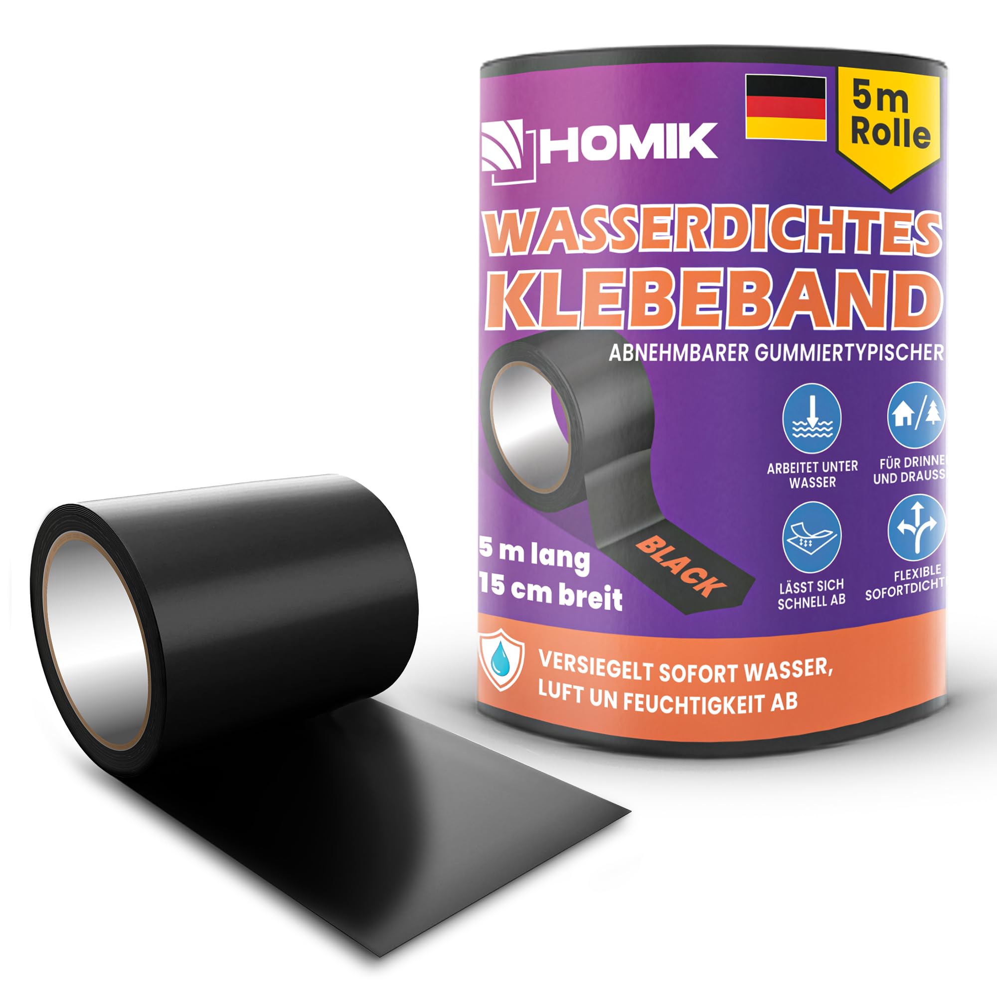 HOMIK 3x Extremely Strong Waterproof Tape - Outdoor & Indoor Repair Tape 15cm x 5m - UV Resistant Duct Tape - Self-sealing Black Adhesive Tape