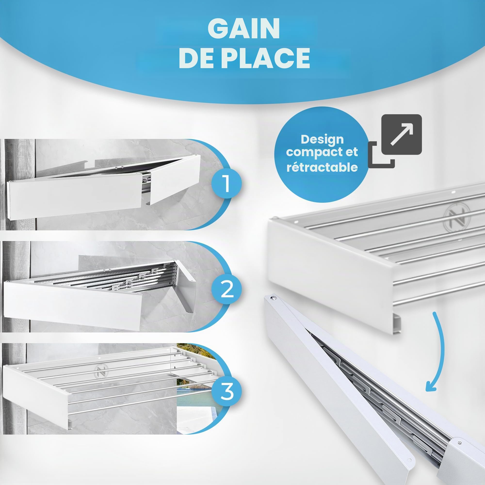 N 18.28 - Étendoir extensible mural rétractable - Étendoir pliable mural pour intérieur ou extérieur - Économie d'espace - Compact - 35 kg de capacité - 6 tiges - 100 cm (blanc)