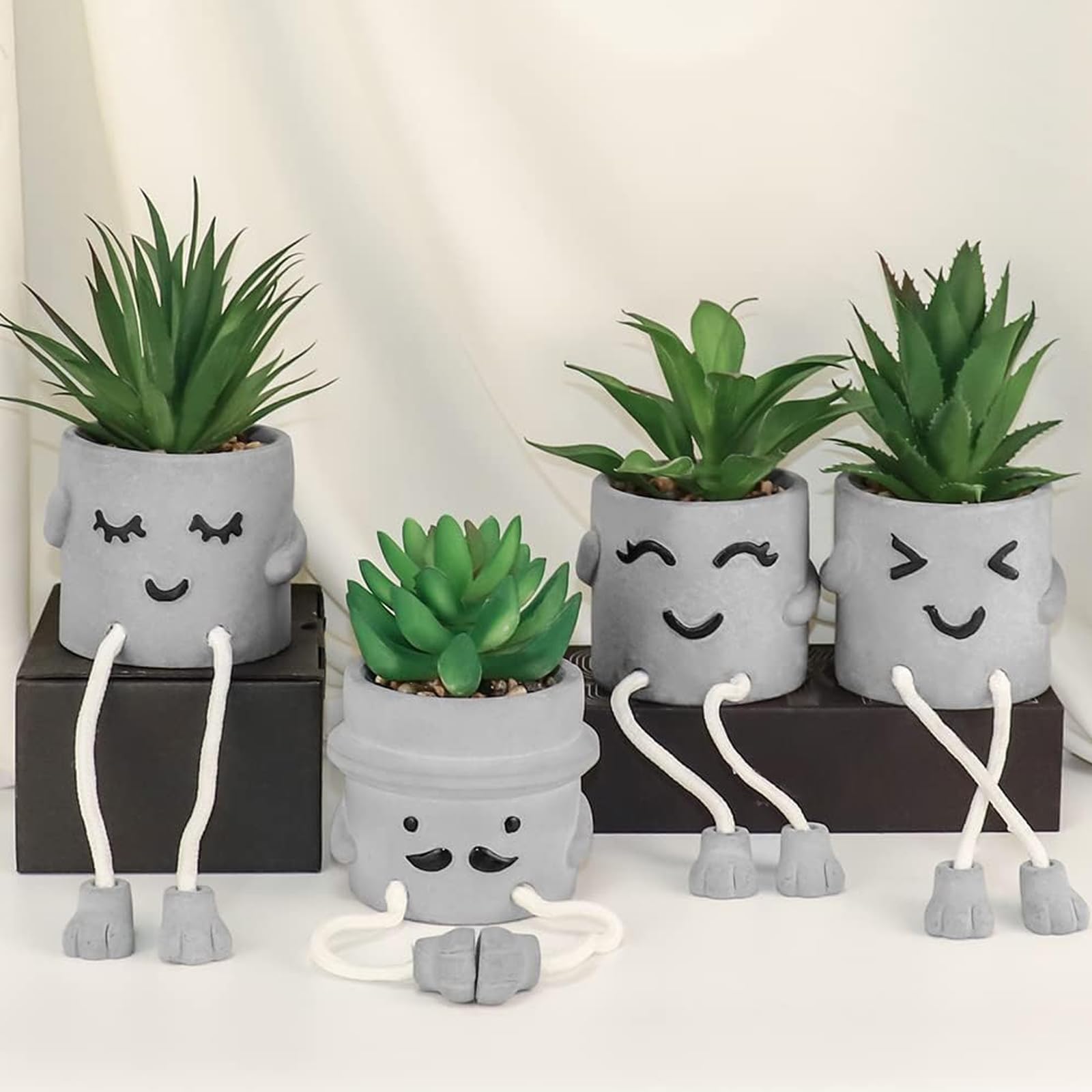 MAKHOT Lot de 4 Plantes succulentes artificielles créatives avec Pot de Ciment, Petites Plantes Grasses artificielles pour décoration de Salle de Bain, Mini Plantes succulentes Mignonnes à Suspendre