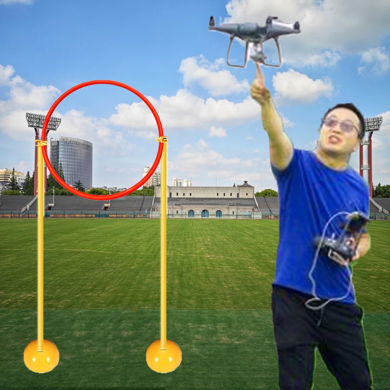 Drone tor Przeszkód Zestaw do Wyścigów Dronów DIY do 13cm 18cm 25cm Drona Wyścigowego, Zestaw Toru Przeszkód dla Dronów z Obręczami i Słupkami, z Mocną Podstawą Odporną na Wiatr(Diameter 110cm (43 1/4