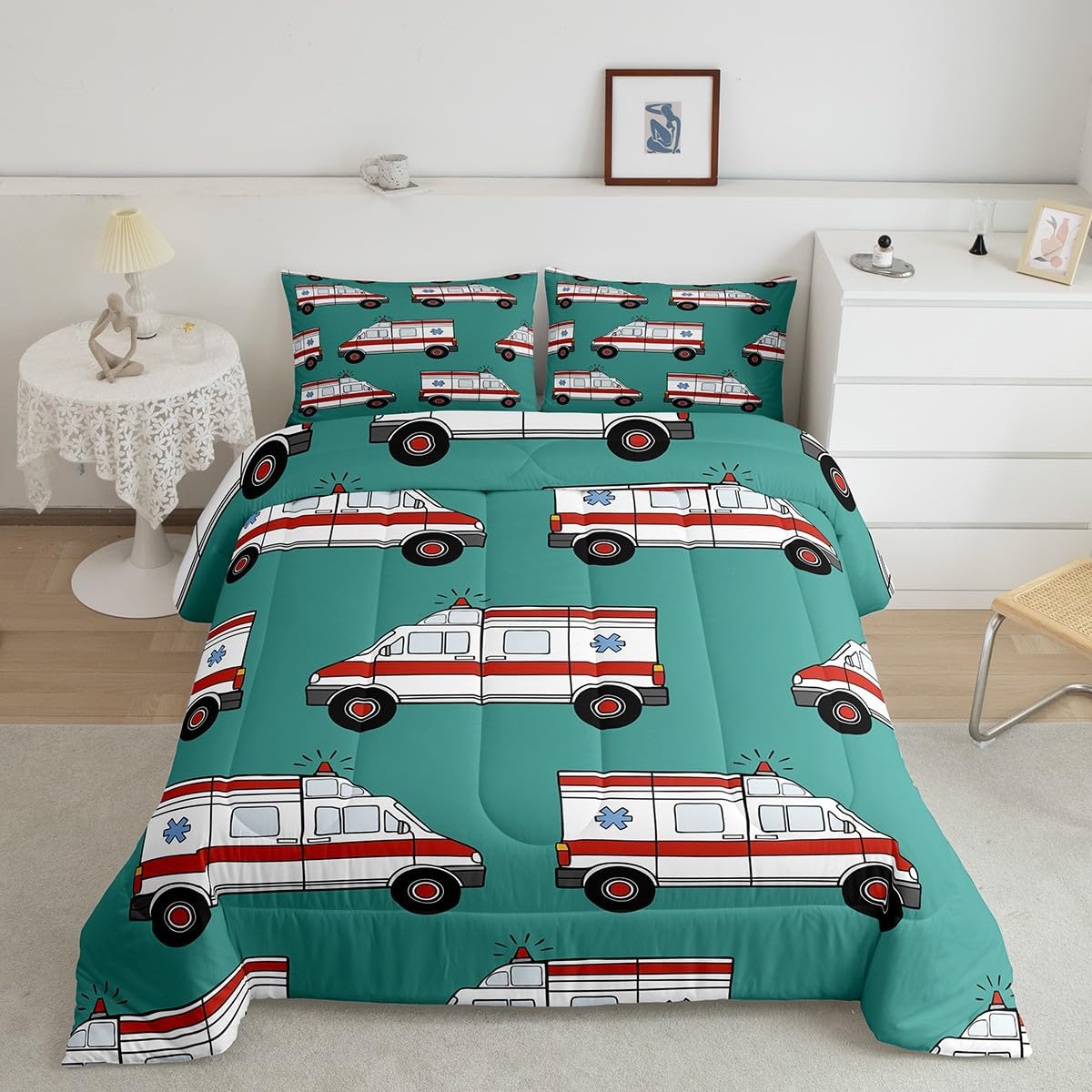 Feelyou Ambulance Bedding Set Kids Car Comforter Set Boys Girls Decor Cartoon Car Comforter Microfiber Emergency Responder Vehicles Green Duvet Set Bedroom Quilt Set Twin with 1 Pillow Case