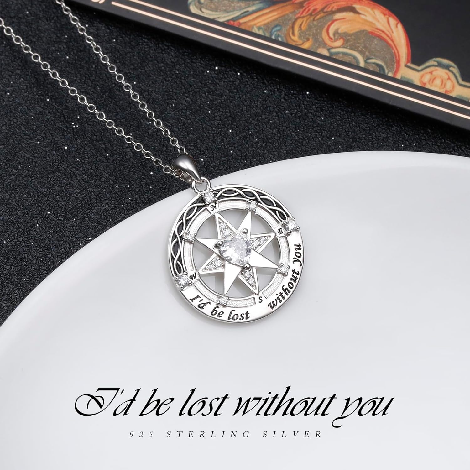Ladytree Compass Necklace for Women 925 Sterling Silver Heart Cubic Zirconia Compass Pendant I'd be lost without you Jewelry Birthday Christmas Valentine's Day Gift for Wife Fiancée Her,18+2" - Image 2
