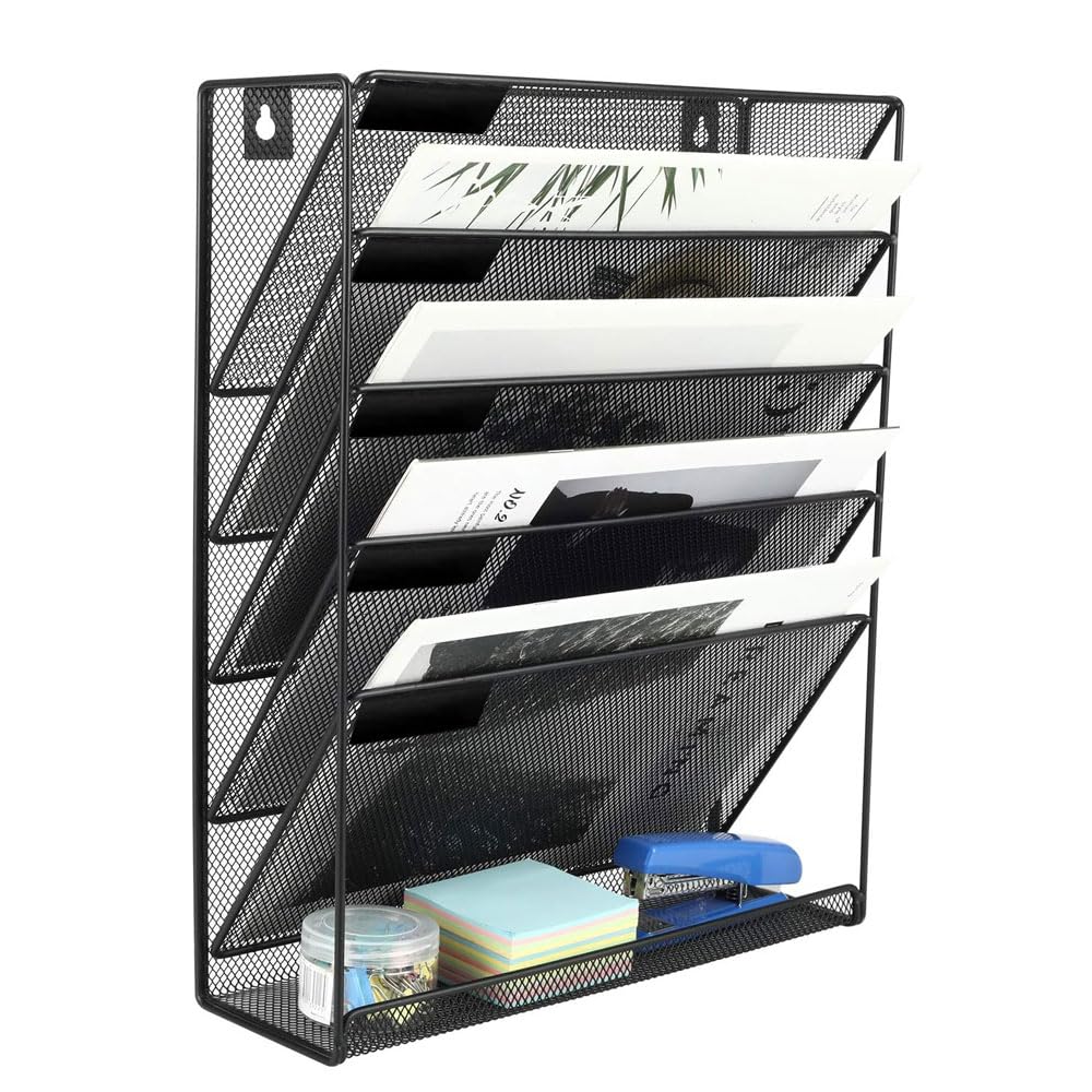 Desk File Organizer Mesh 5-Tier, Hanging Wall Mount Document Organization Stand, Desktop Vertical Mail Paper Folder Holder Rack with Bottom Tray for Home, Office Black