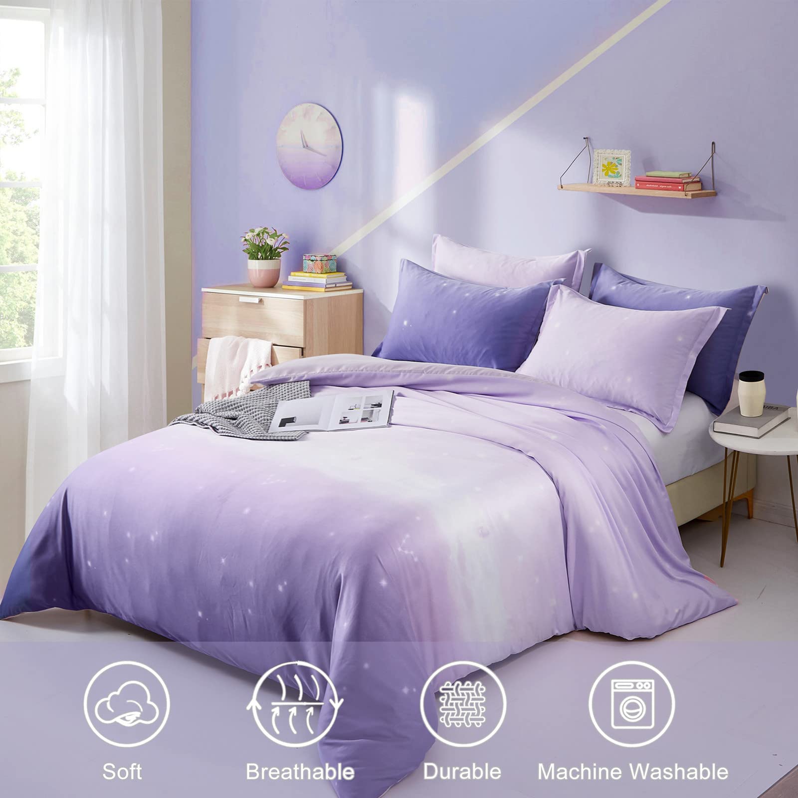 DJY Purple Duvet Cover Lavender Gradient Bedding Set Rainbow Quilt Cover Pillowcases Soft Microfiber Duvet Cover with Zipper Closure for Kids Girls Teens Adults (King Size 230x220cm) - Image 2