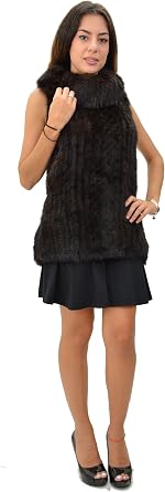 Hima Mink Knitted Vest with Turtle Neck Collar - Brown