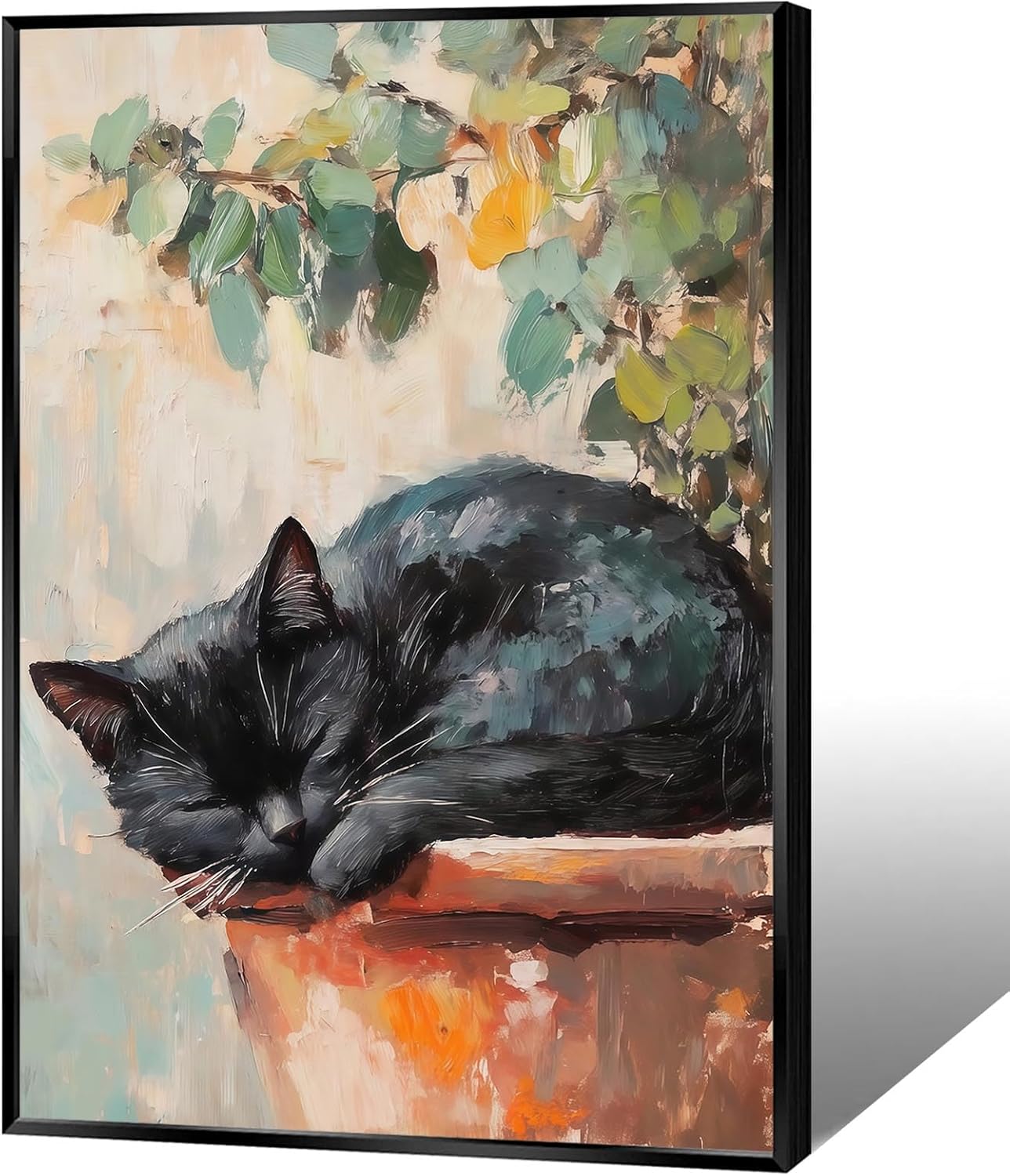 KIJDID Vintage Watercolor Sleeping Black Cat Canvas Wall Art Funny Catful Sleeping On A Flowerpot Posters Cute Animal With Green Plants Prints For Home Bedroom Dorm Wall Decor 16x24in Wrapped Canvas